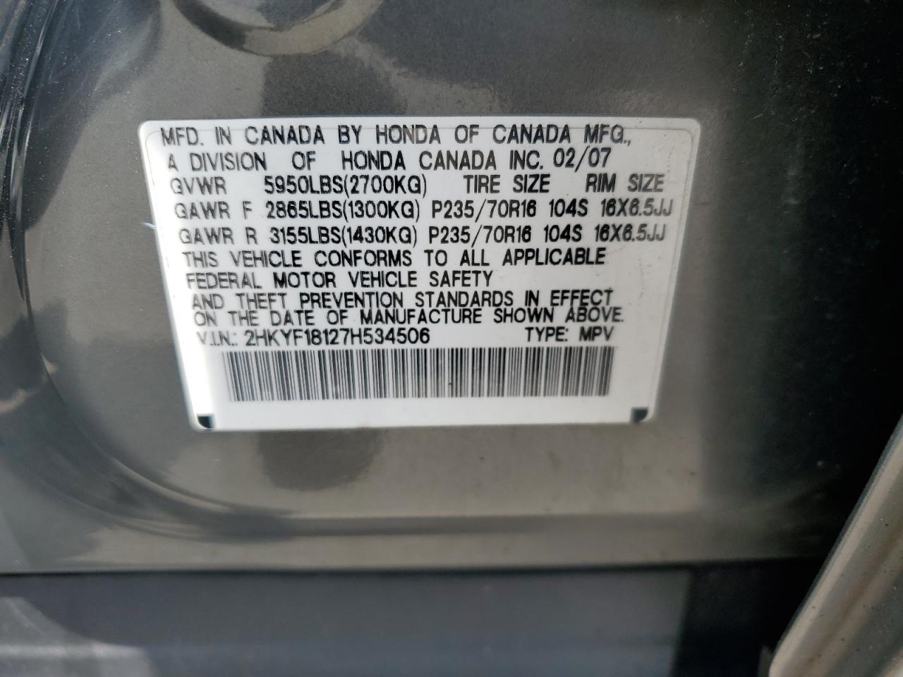 2007 Honda Pilot Lx VIN: 2HKYF18127H534506 Lot: 64028234