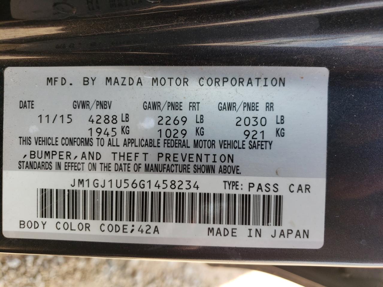 2016 Mazda 6 Sport VIN: JM1GJ1U56G1458234 Lot: 63353124