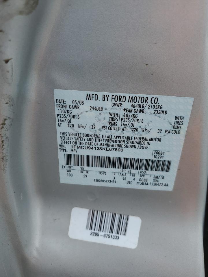 2008 Ford Escape Limited VIN: 1FMCU94128KE67800 Lot: 63418984