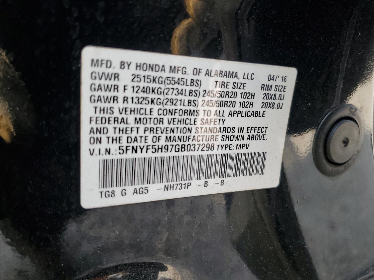 2016 Honda Pilot Touring VIN: 5FNYF5H97GB037298 Lot: 61641874