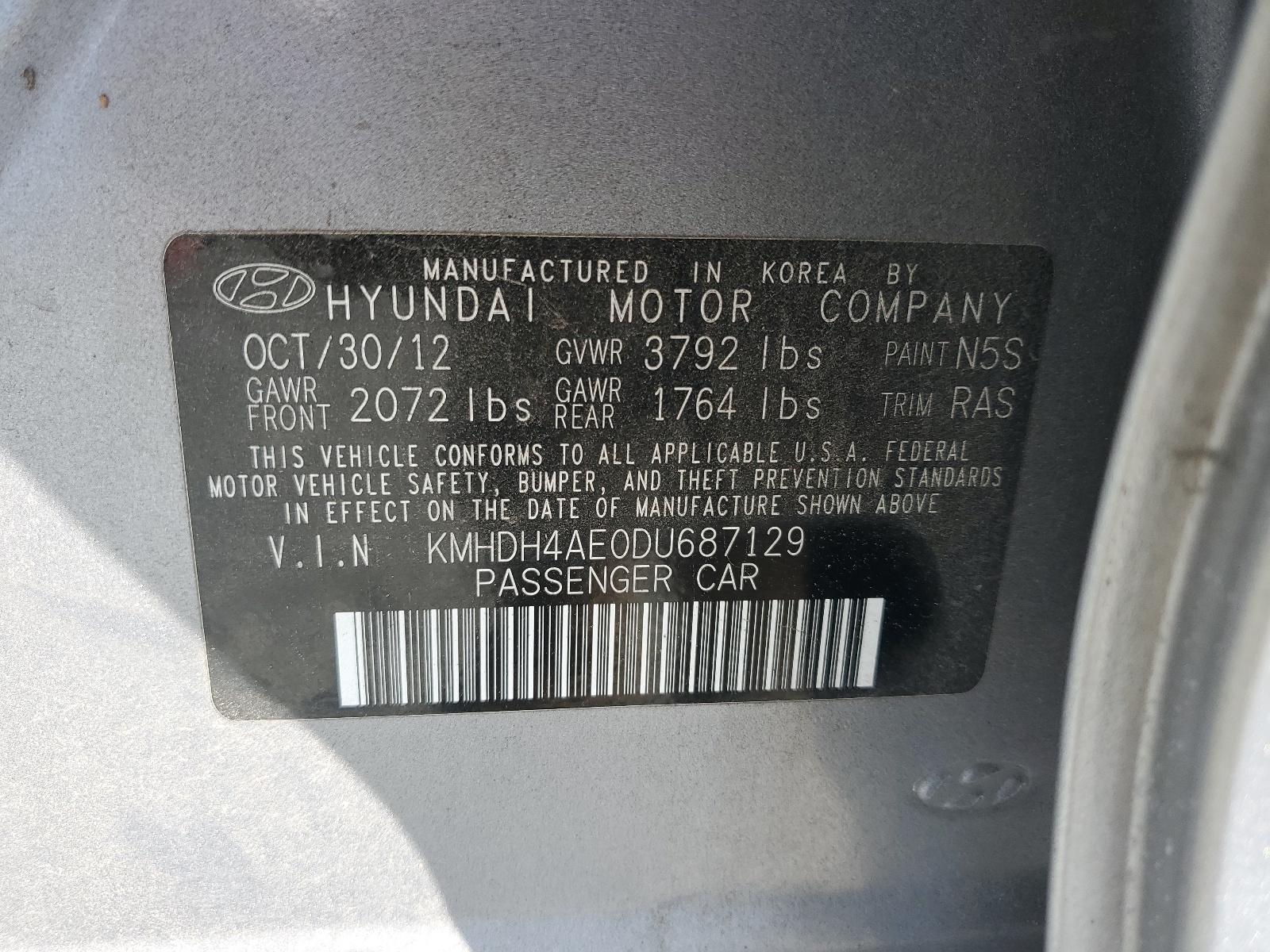 KMHDH4AE0DU687129 2013 Hyundai Elantra Gls