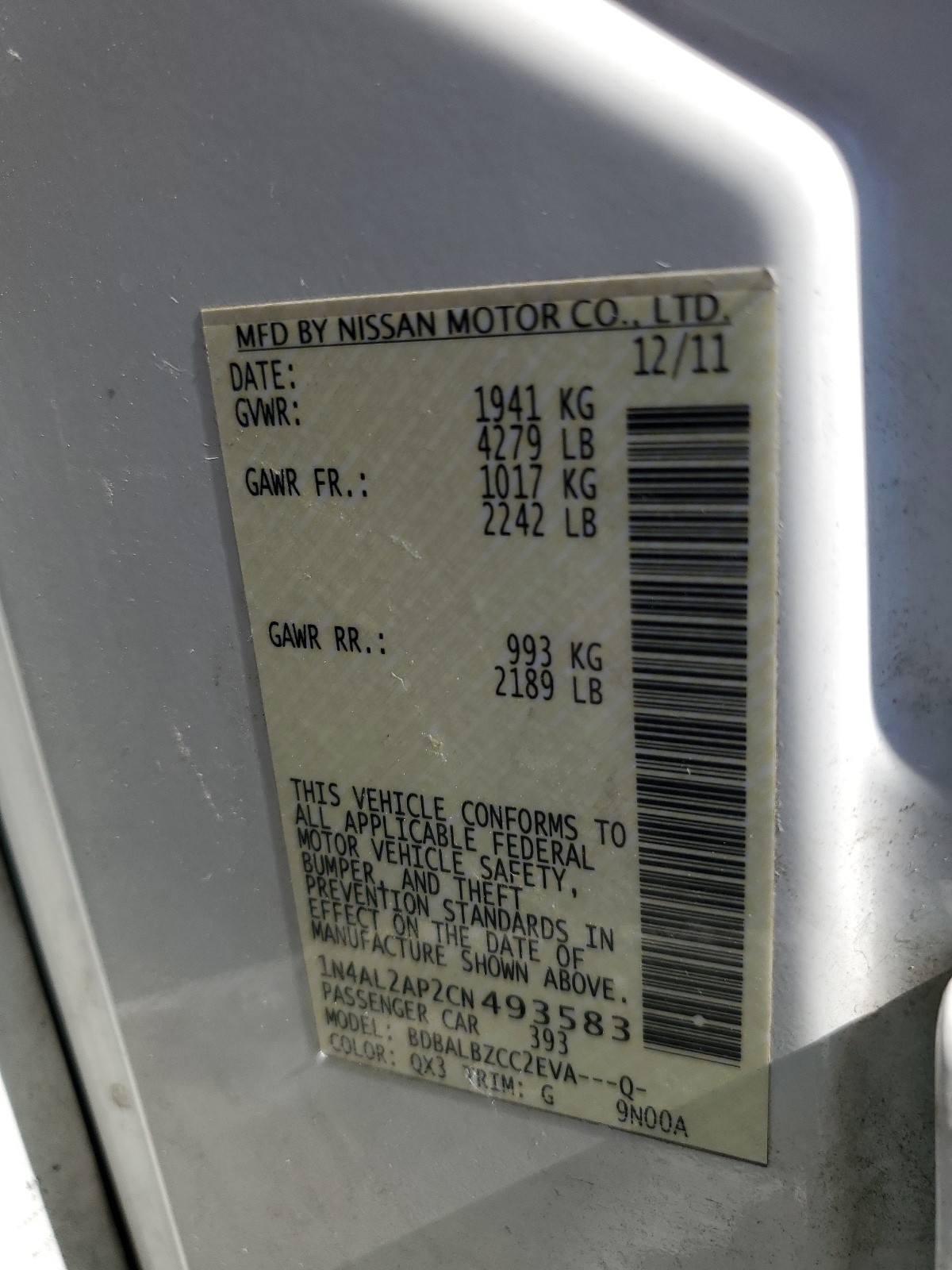 2012 Nissan Altima Base vin: 1N4AL2AP2CN493583