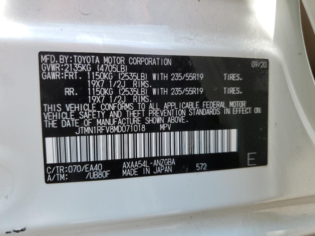 2021 Toyota Rav4 Limited VIN: JTMN1RFV8MD071018 Lot: 64931864