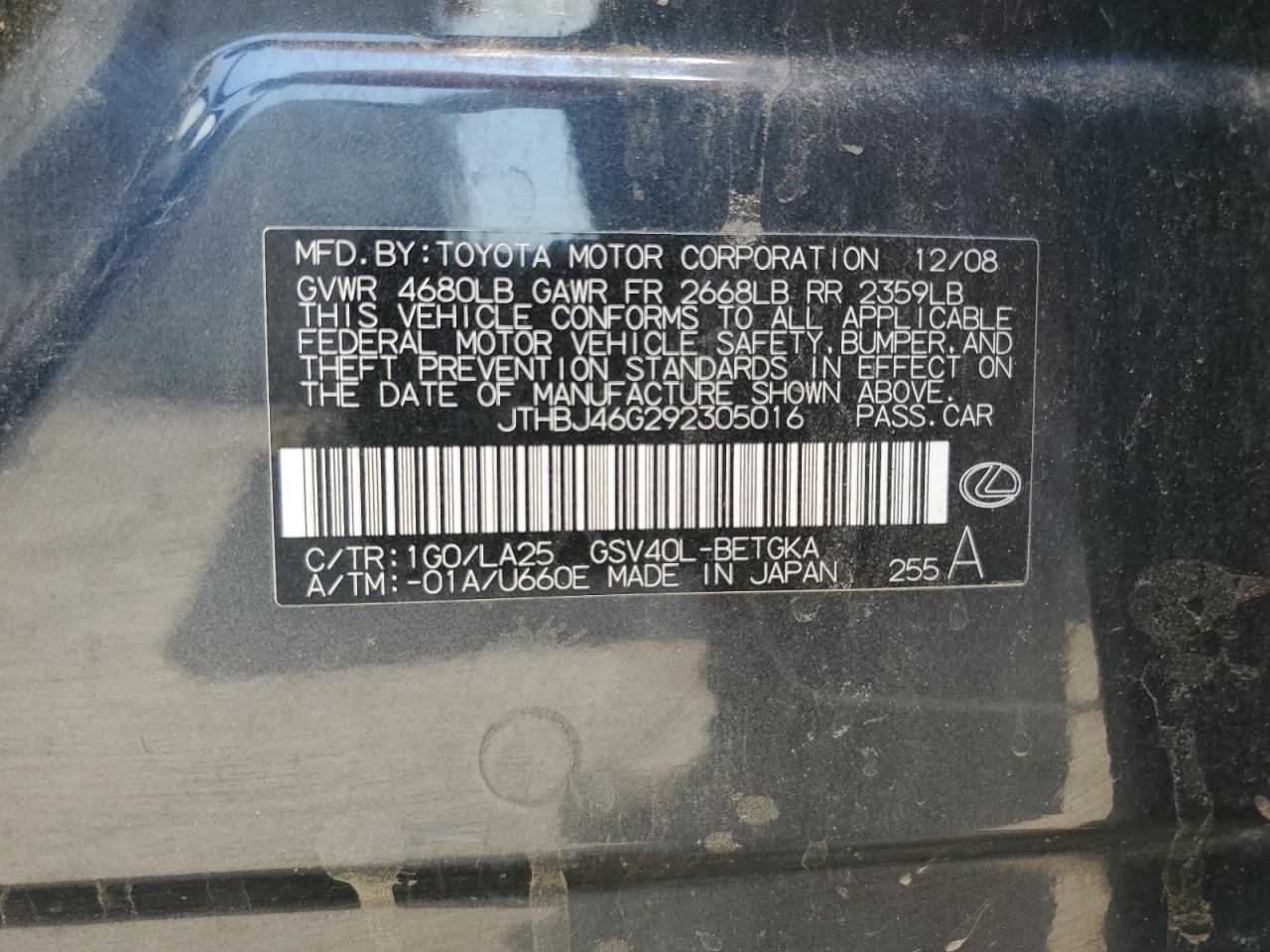 2009 Lexus Es 350 VIN: JTHBJ46G292305016 Lot: 63101504