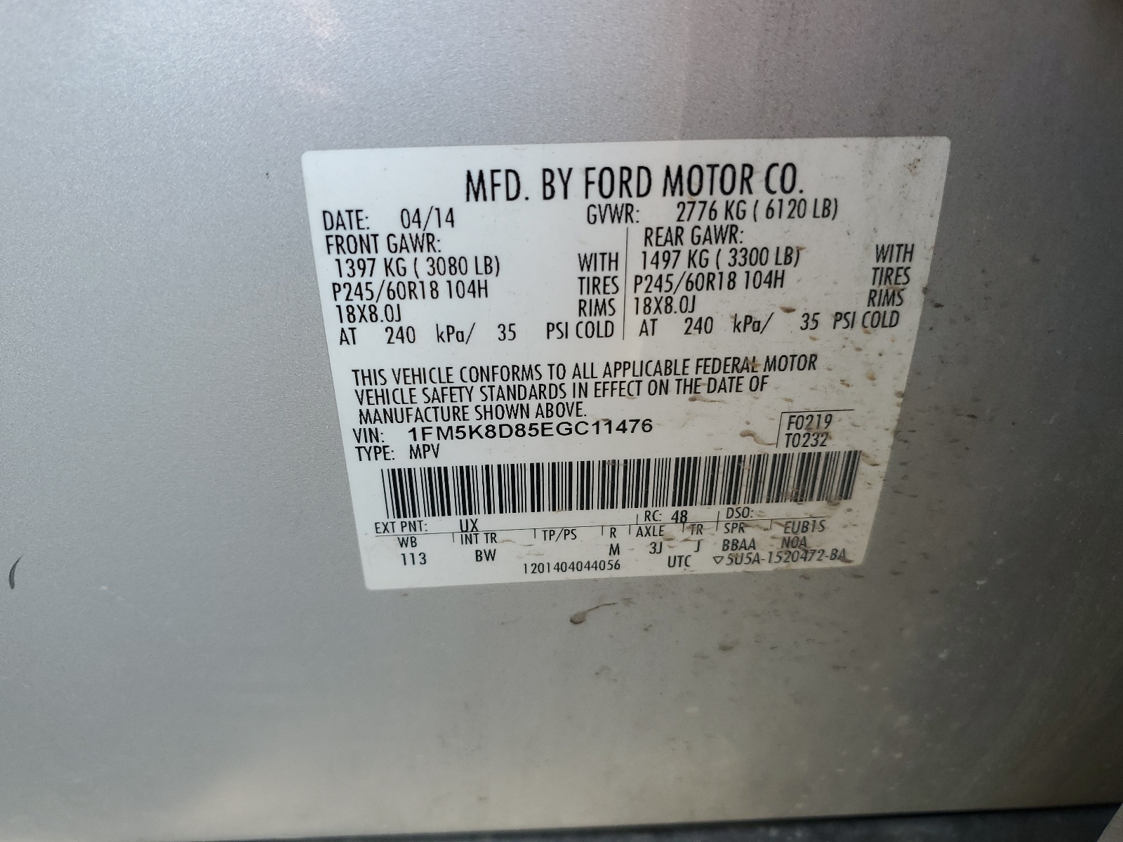 1FM5K8D85EGC11476 2014 Ford Explorer Xlt