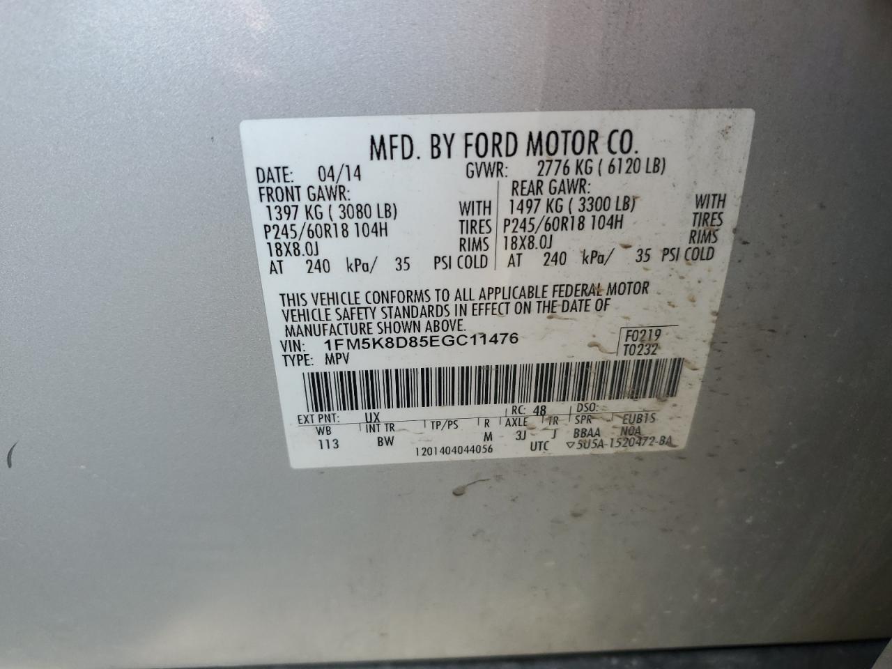 2014 Ford Explorer Xlt VIN: 1FM5K8D85EGC11476 Lot: 63534124