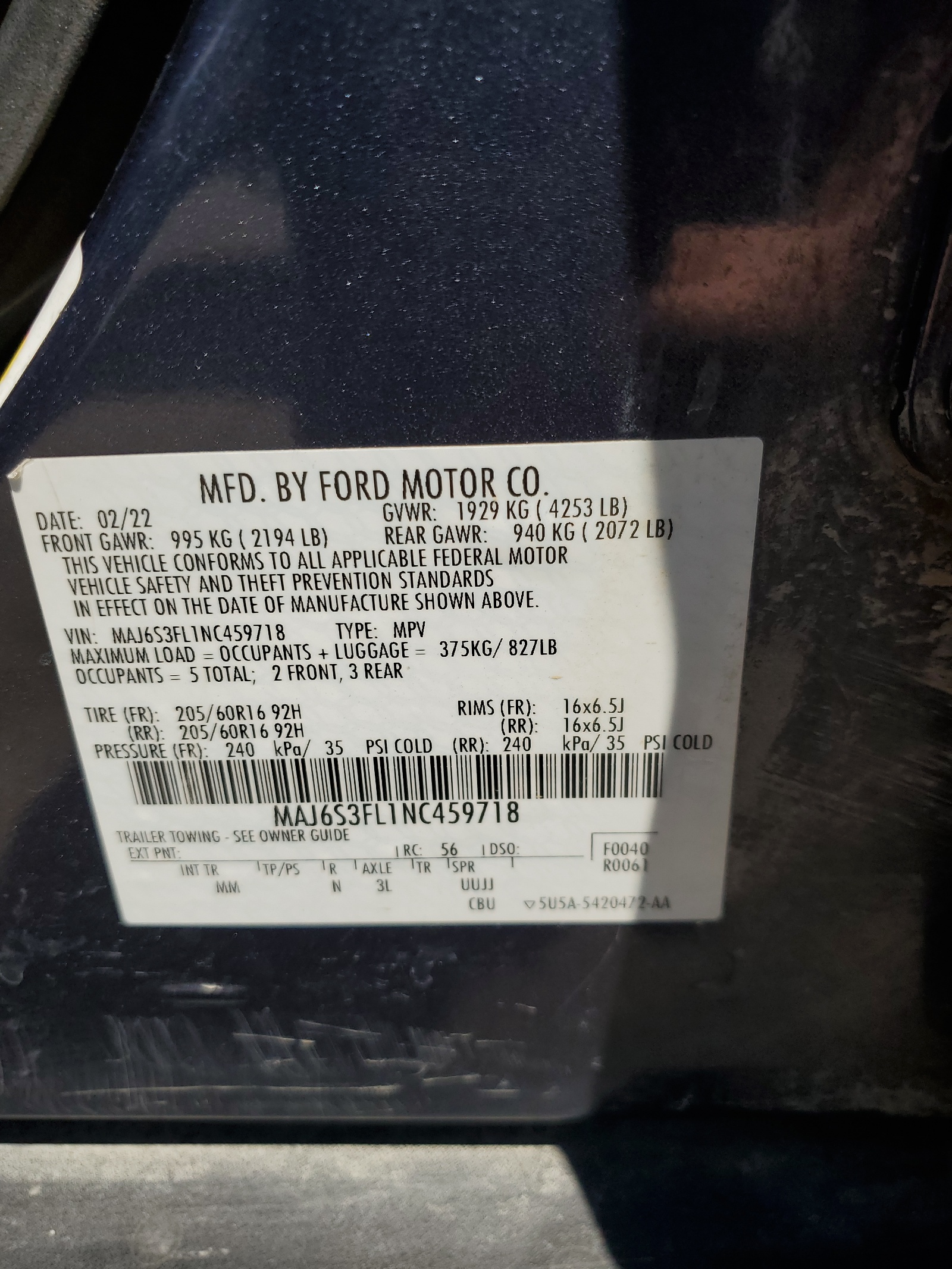 MAJ6S3FL1NC459718 2022 Ford Ecosport S