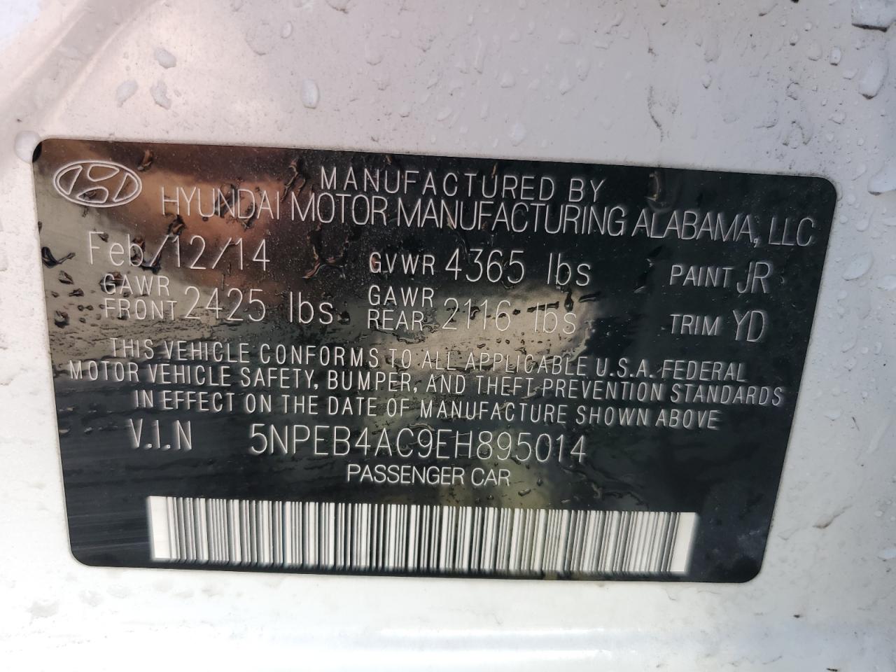 2014 Hyundai Sonata Gls VIN: 5NPEB4AC9EH895014 Lot: 61434334