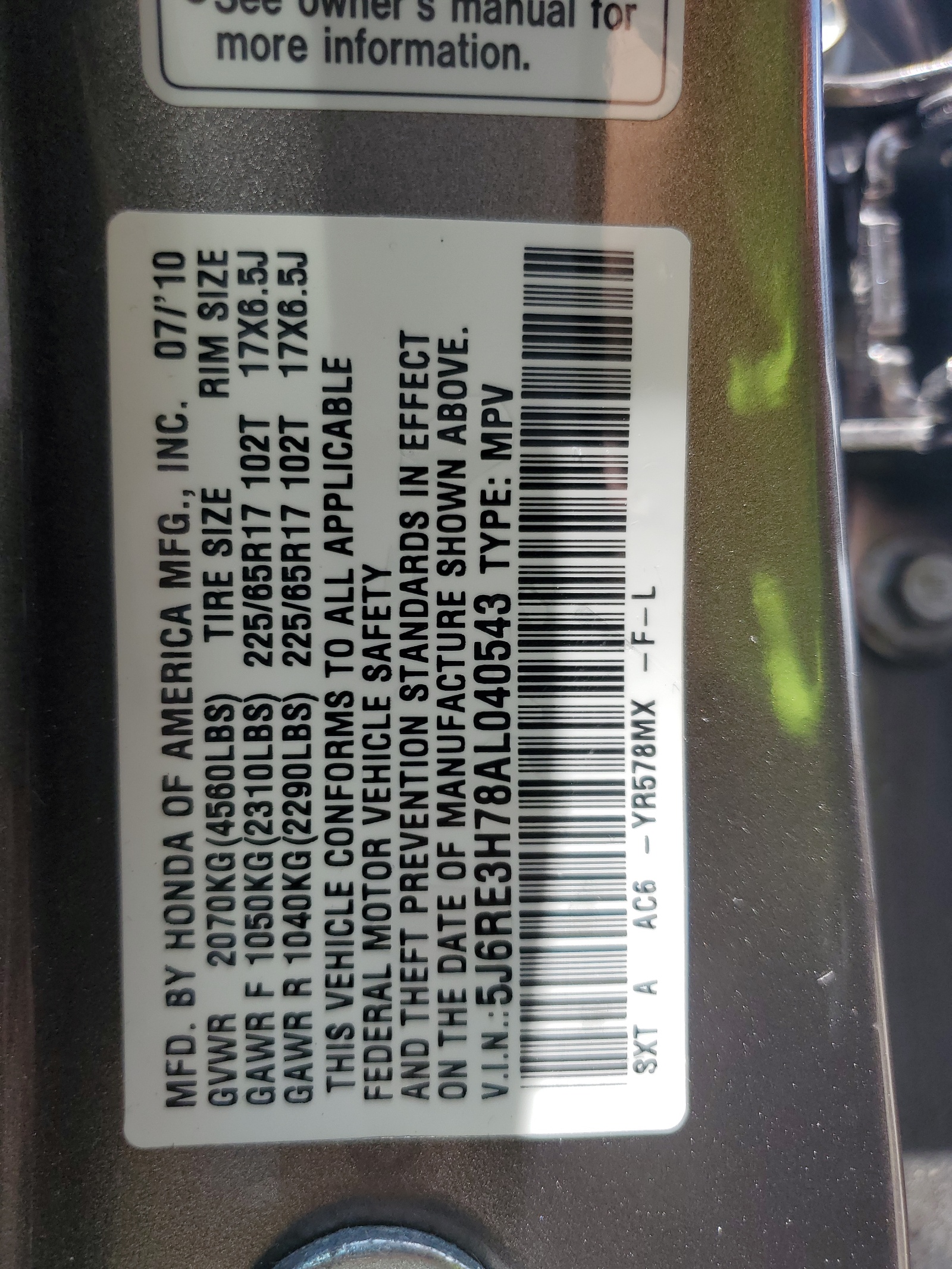 5J6RE3H78AL040543 2010 Honda Cr-V Exl