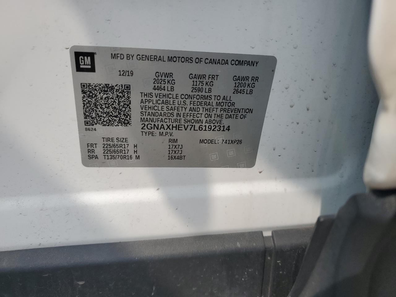 2020 Chevrolet Equinox Ls VIN: 2GNAXHEV7L6192314 Lot: 64472804