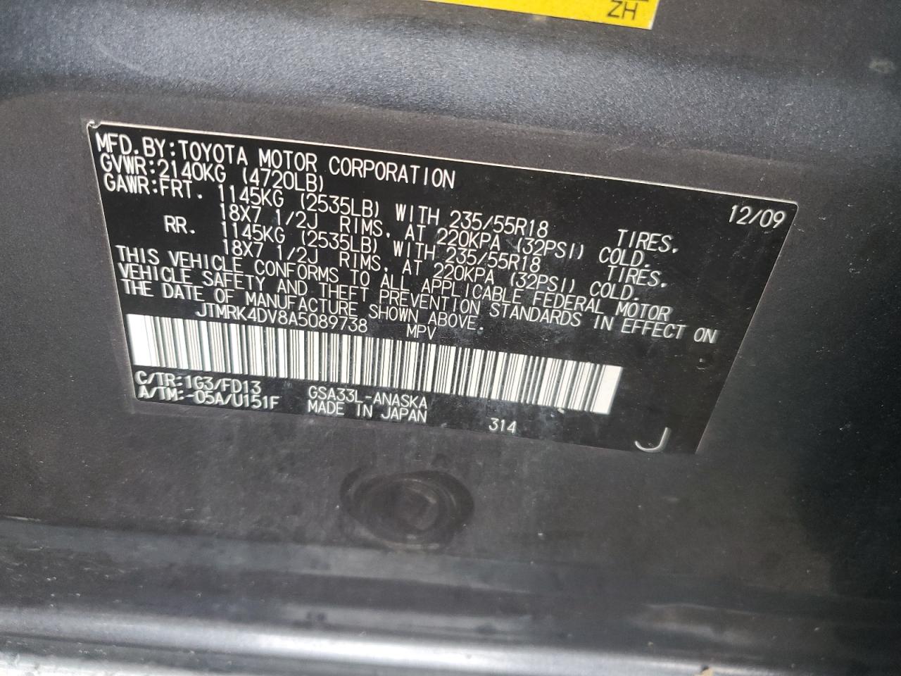 2010 Toyota Rav4 Sport VIN: JTMRK4DV8A5089738 Lot: 63851984