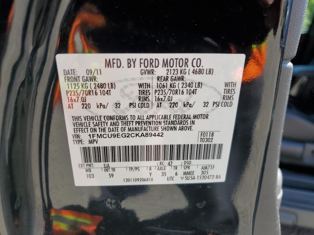 2012 Ford Escape Limited VIN: 1FMCU9EG2CKA89442 Lot: 61941844