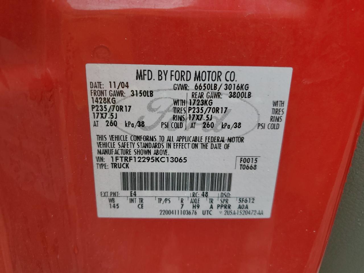 2005 Ford F150 VIN: 1FTRF12295KC13065 Lot: 61269604