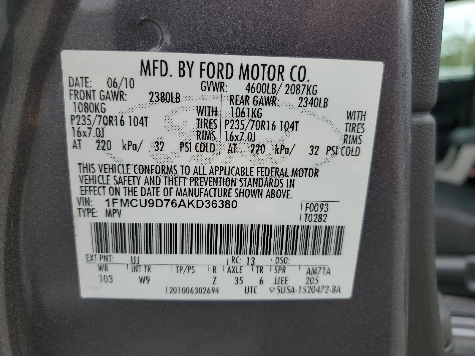 1FMCU9D76AKD36380 2010 Ford Escape Xlt