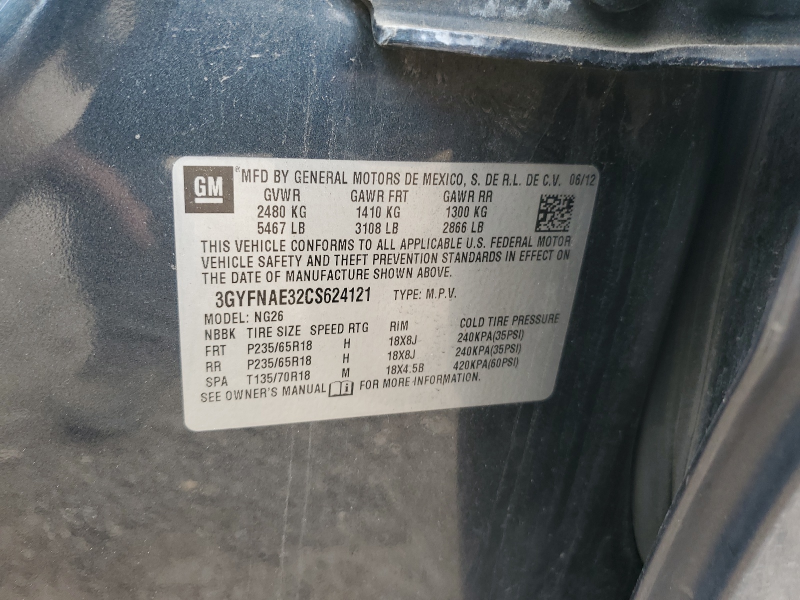 3GYFNAE32CS624121 2012 Cadillac Srx Luxury Collection