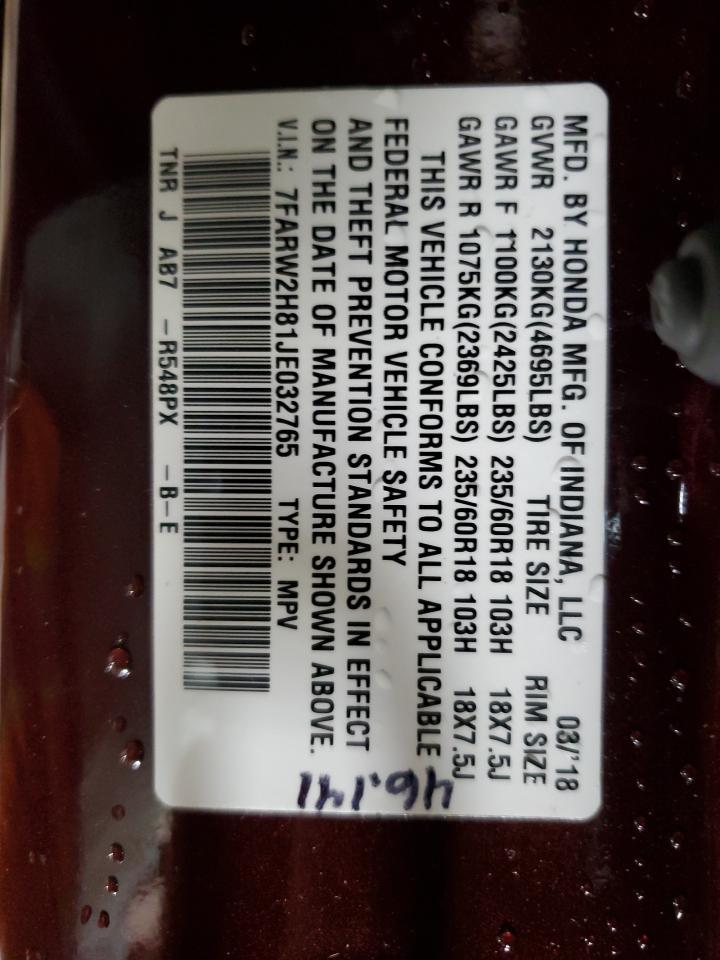 2018 Honda Cr-V Exl VIN: 7FARW2H81JE032765 Lot: 65342624