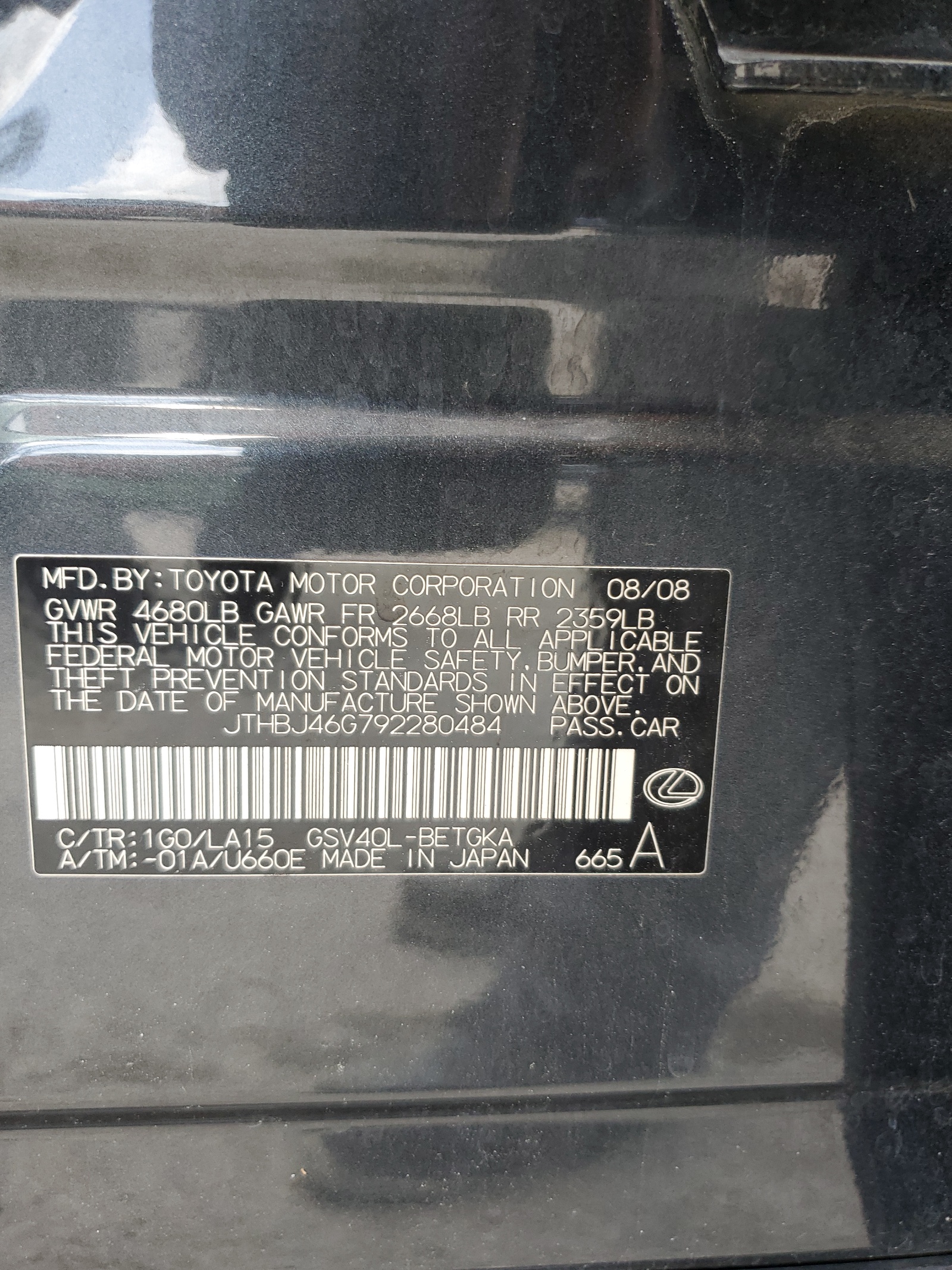 JTHBJ46G792280484 2009 Lexus Es 350