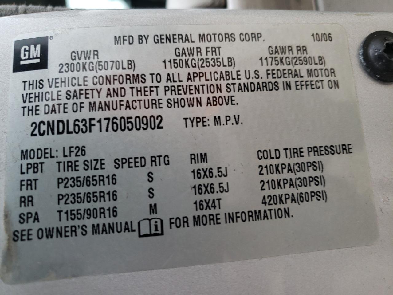 2007 Chevrolet Equinox Lt VIN: 2CNDL63F176050902 Lot: 62891184