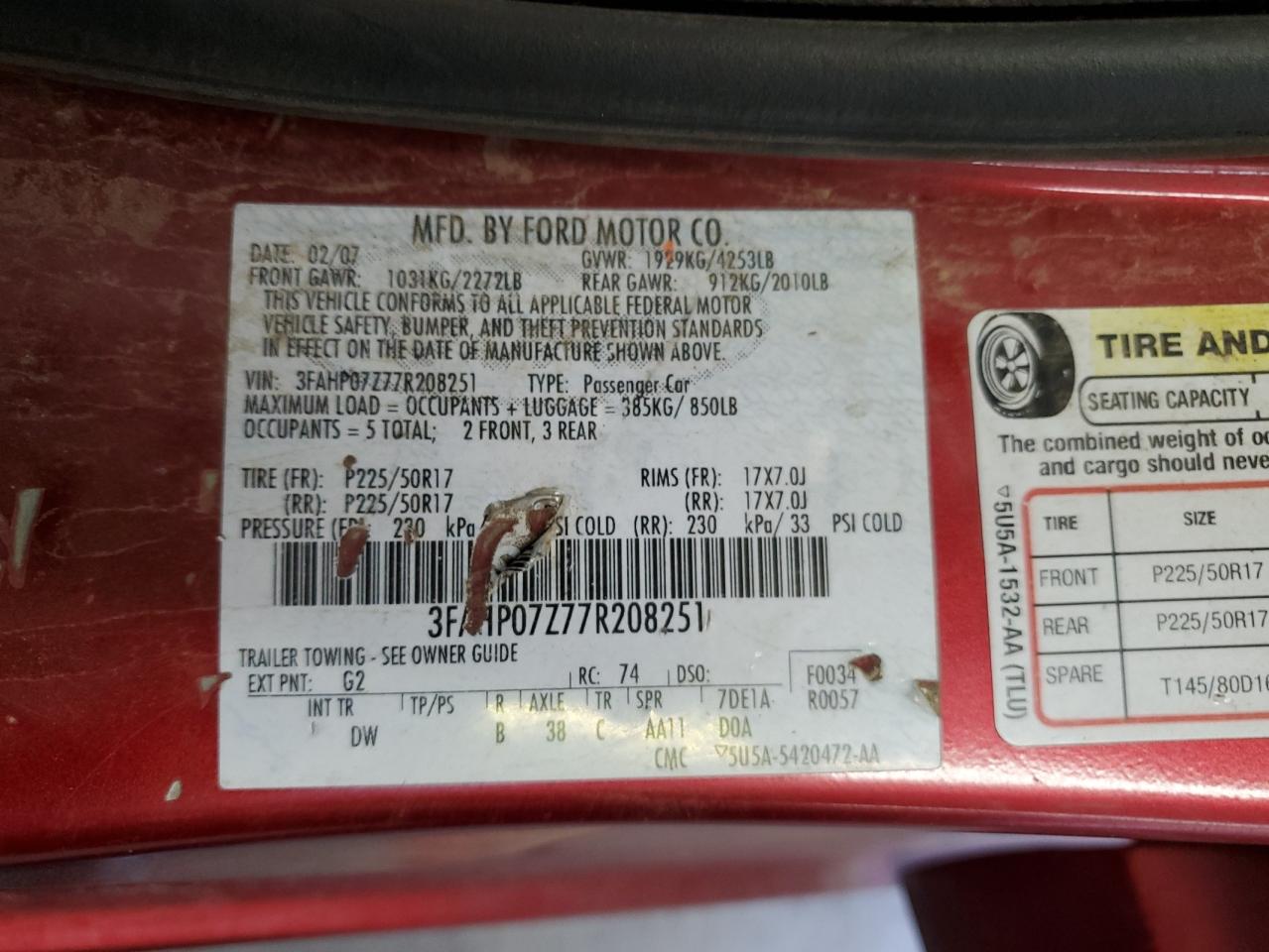 2007 Ford Fusion Se VIN: 3FAHP07Z77R208251 Lot: 62755414