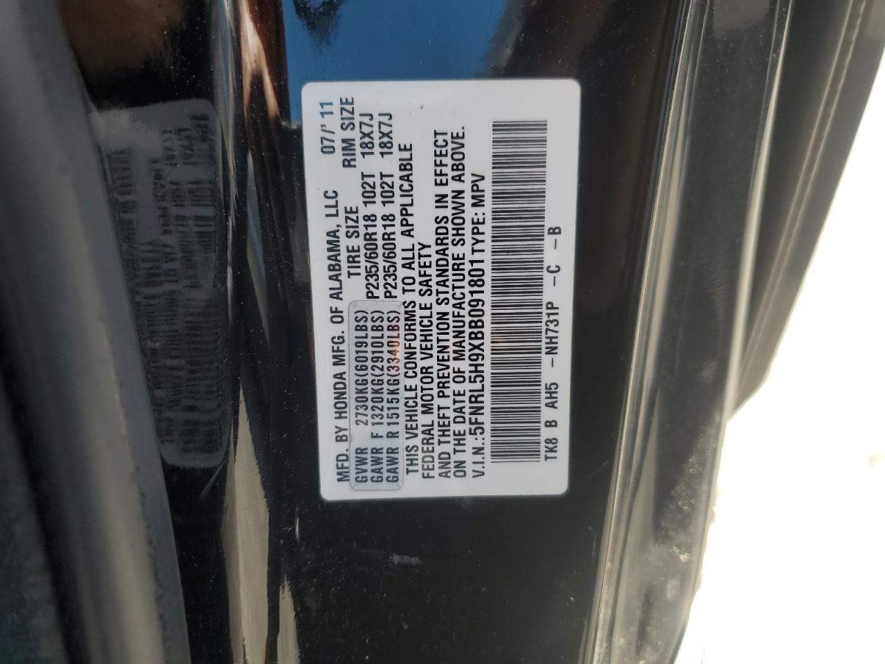 2011 Honda Odyssey Touring VIN: 5FNRL5H9XBB091801 Lot: 62811154