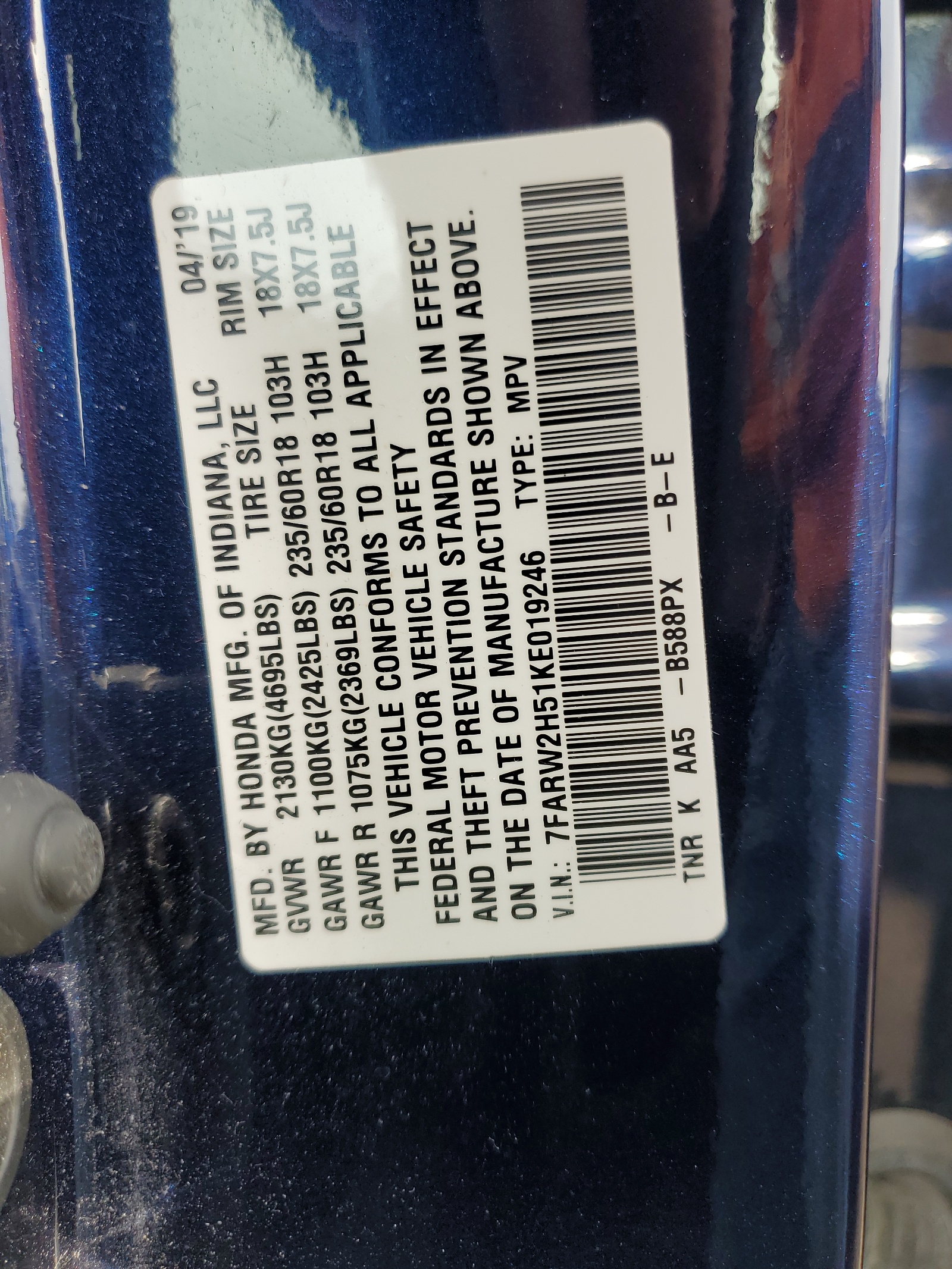 7FARW2H51KE019246 2019 Honda Cr-V Ex