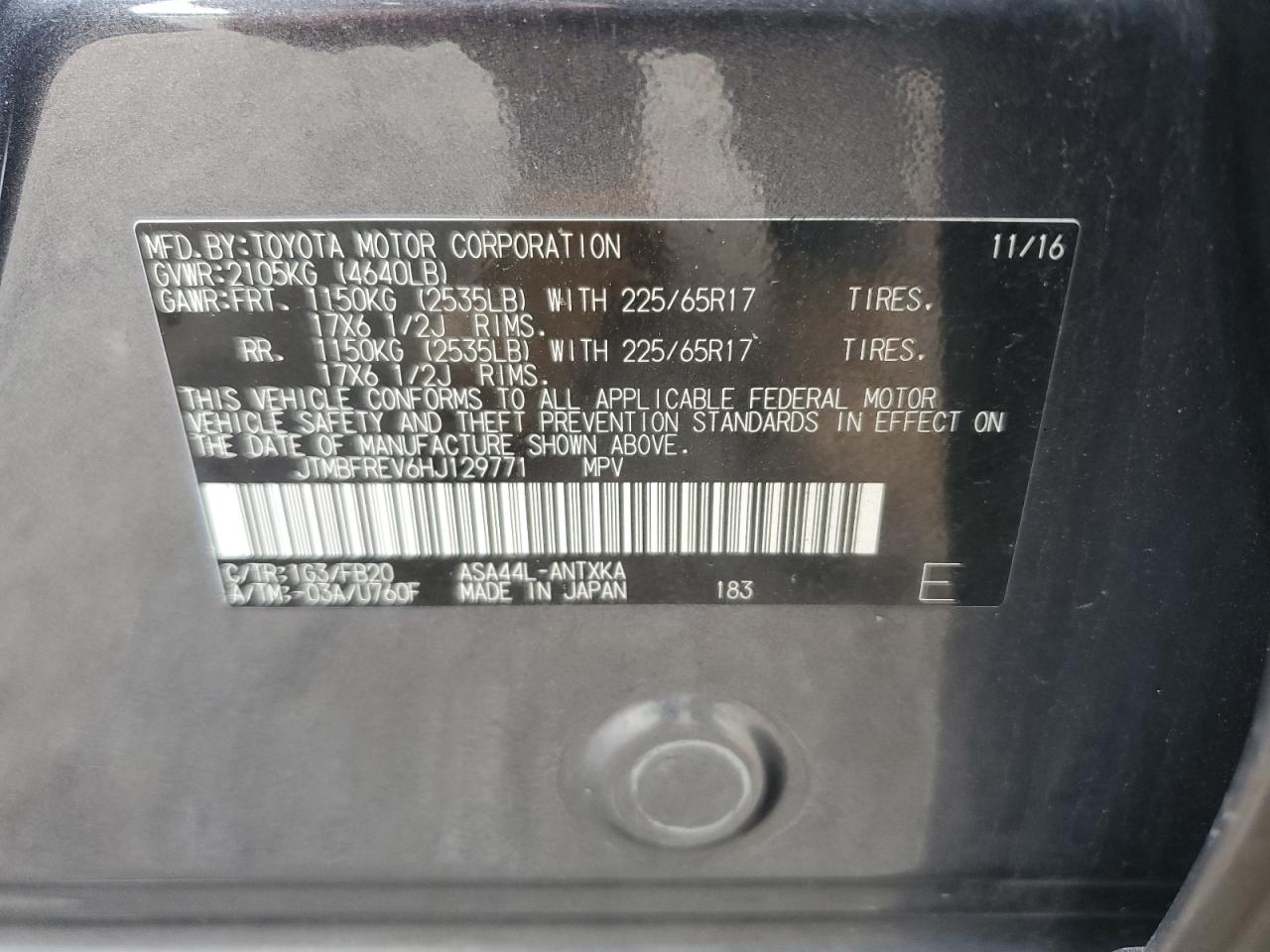 2017 Toyota Rav4 Le VIN: JTMBFREV6HJ129771 Lot: 62024974