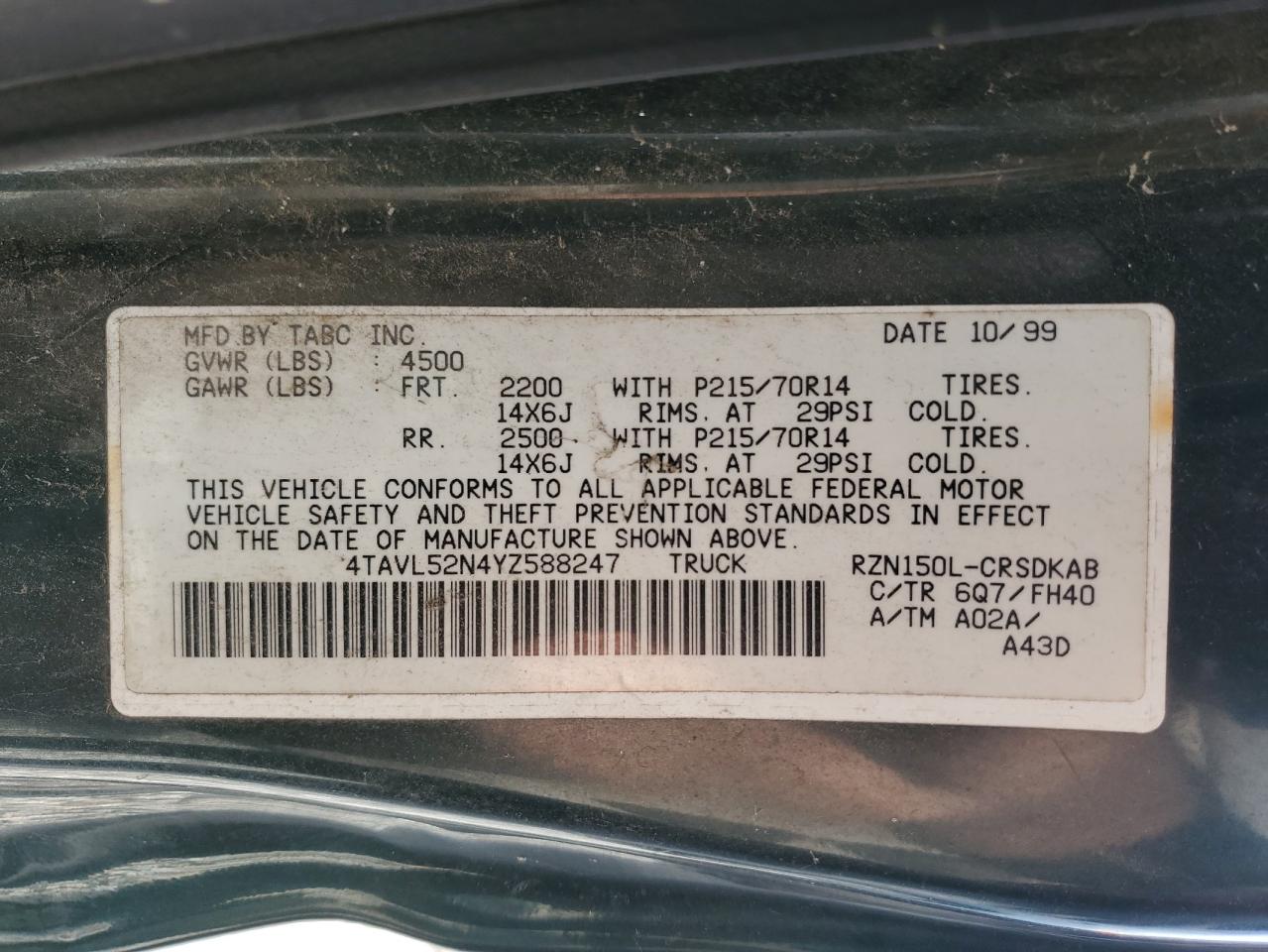 2000 Toyota Tacoma Xtracab VIN: 4TAVL52N4YZ588247 Lot: 62007014