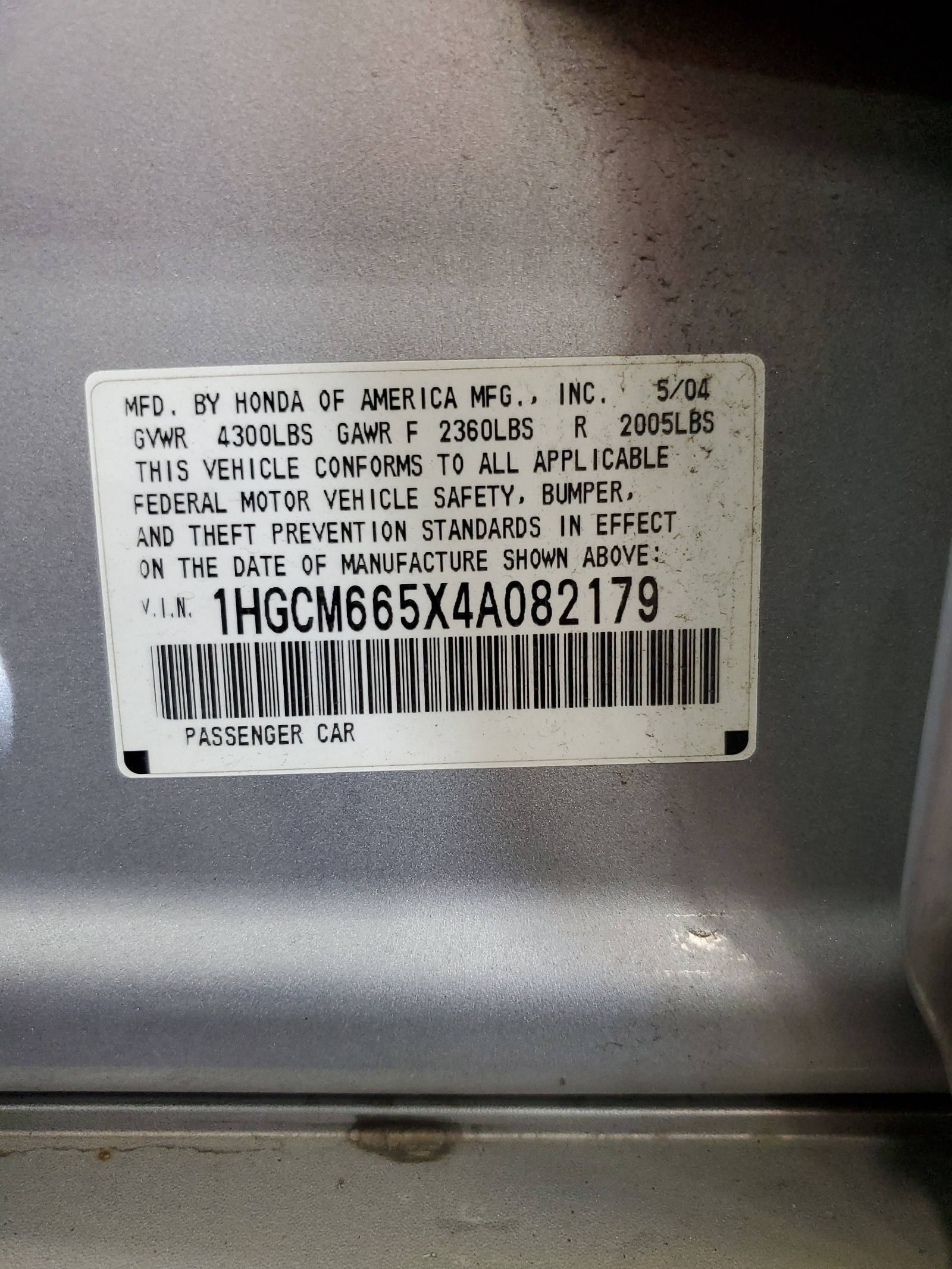 1HGCM665X4A082179 2004 Honda Accord Ex