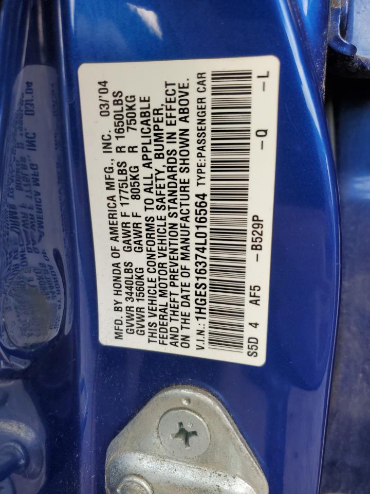 2004 Honda Civic Dx Vp VIN: 1HGES16374L016564 Lot: 65244764