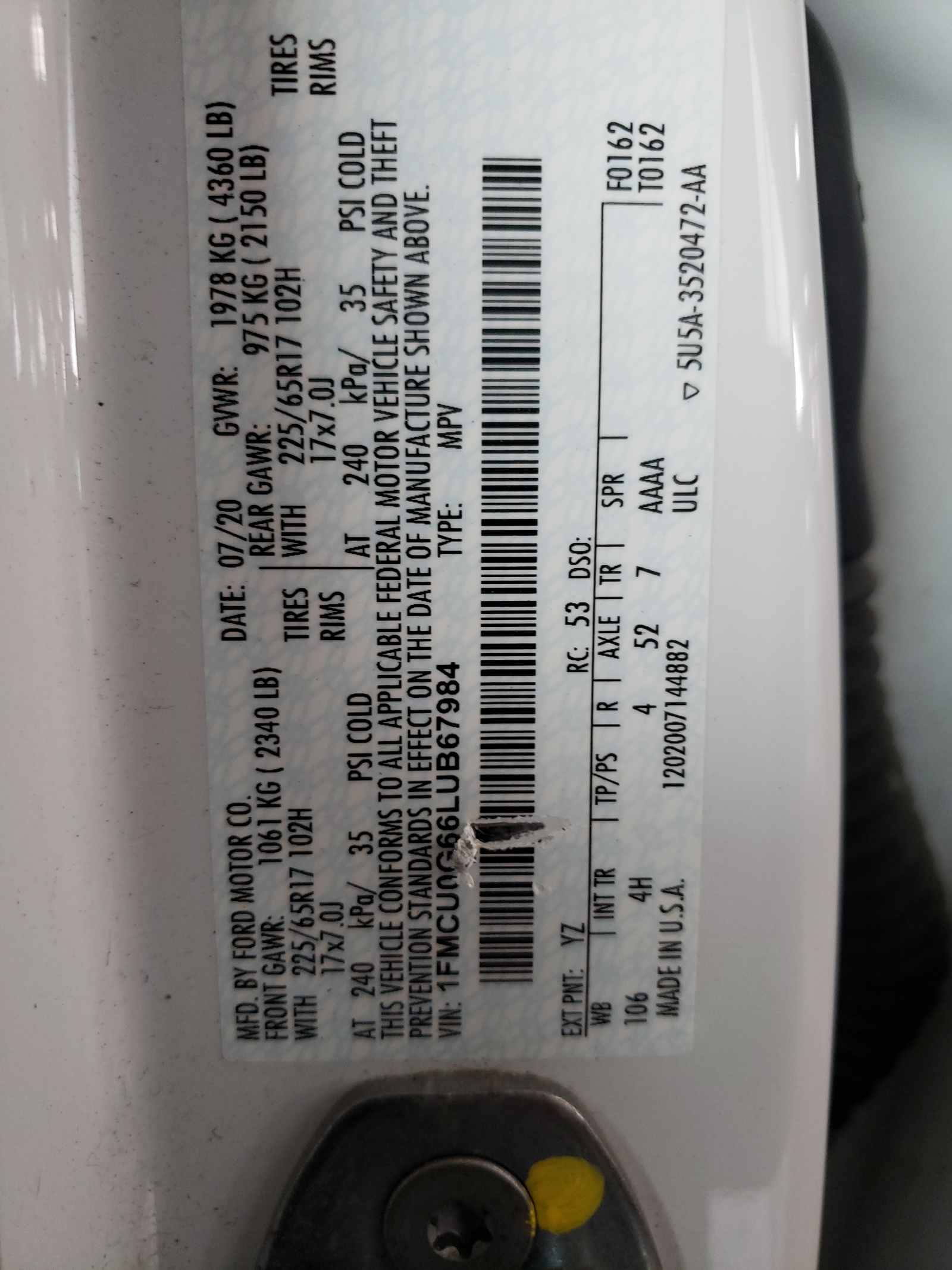 1FMCU0G66LUB67984 2020 Ford Escape Se