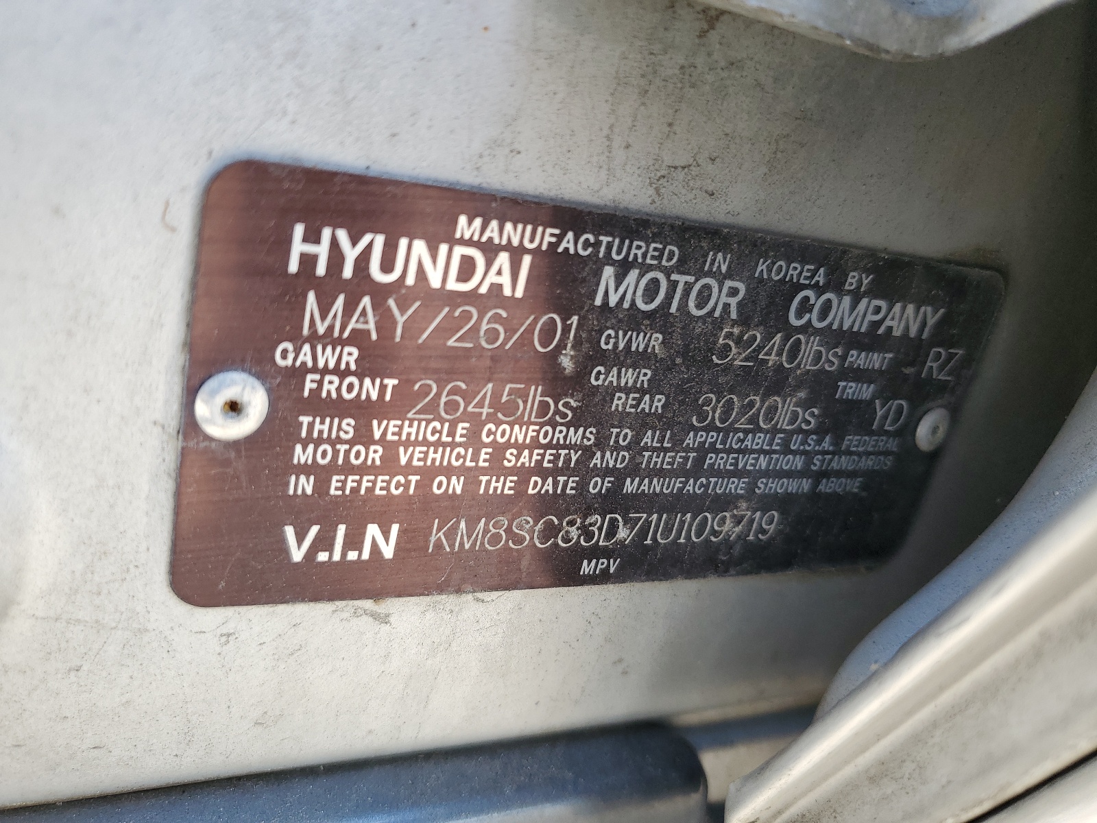 KM8SC83D71U109719 2001 Hyundai Santa Fe Gls
