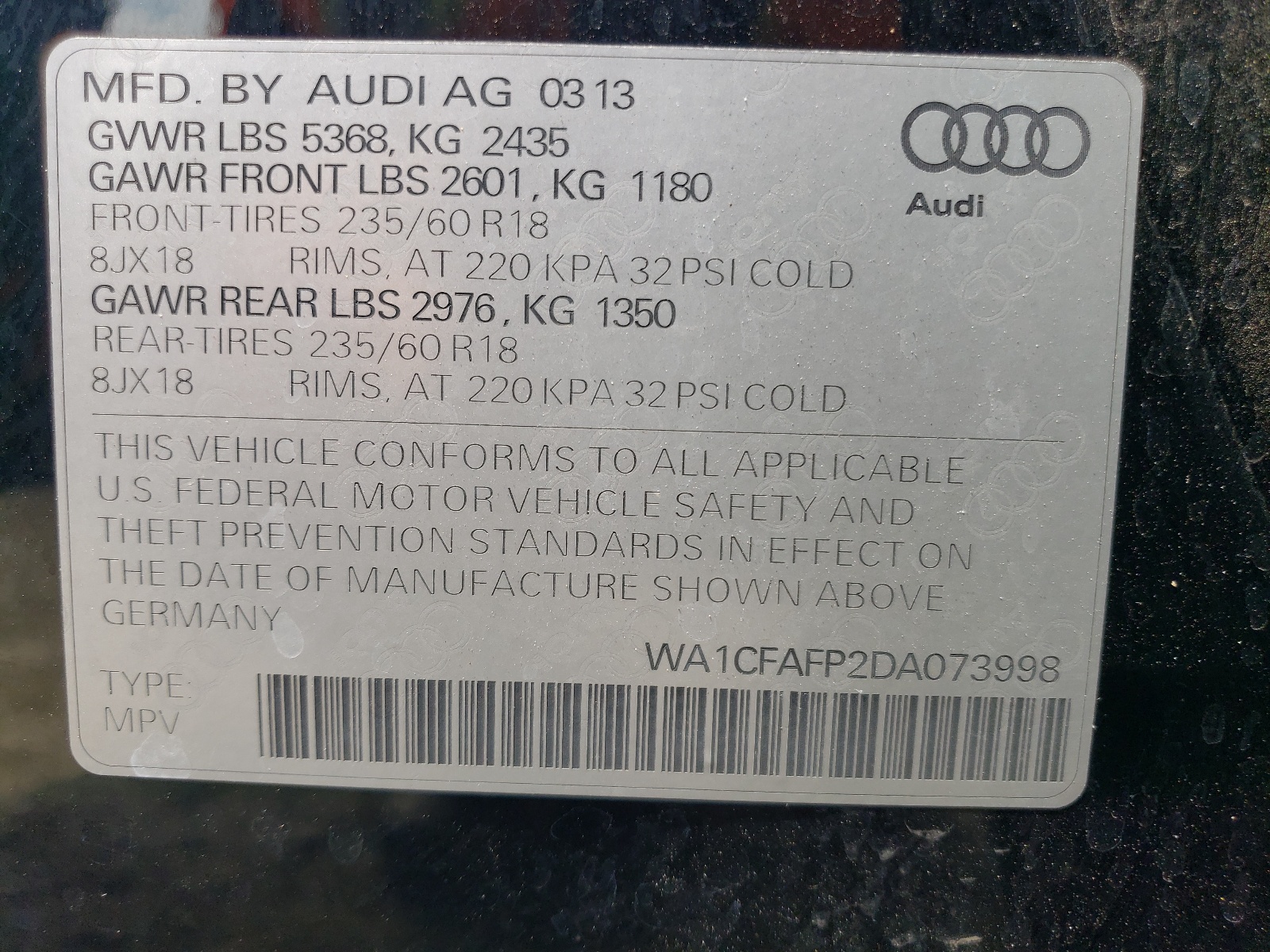 WA1CFAFP2DA073998 2013 Audi Q5 Premium