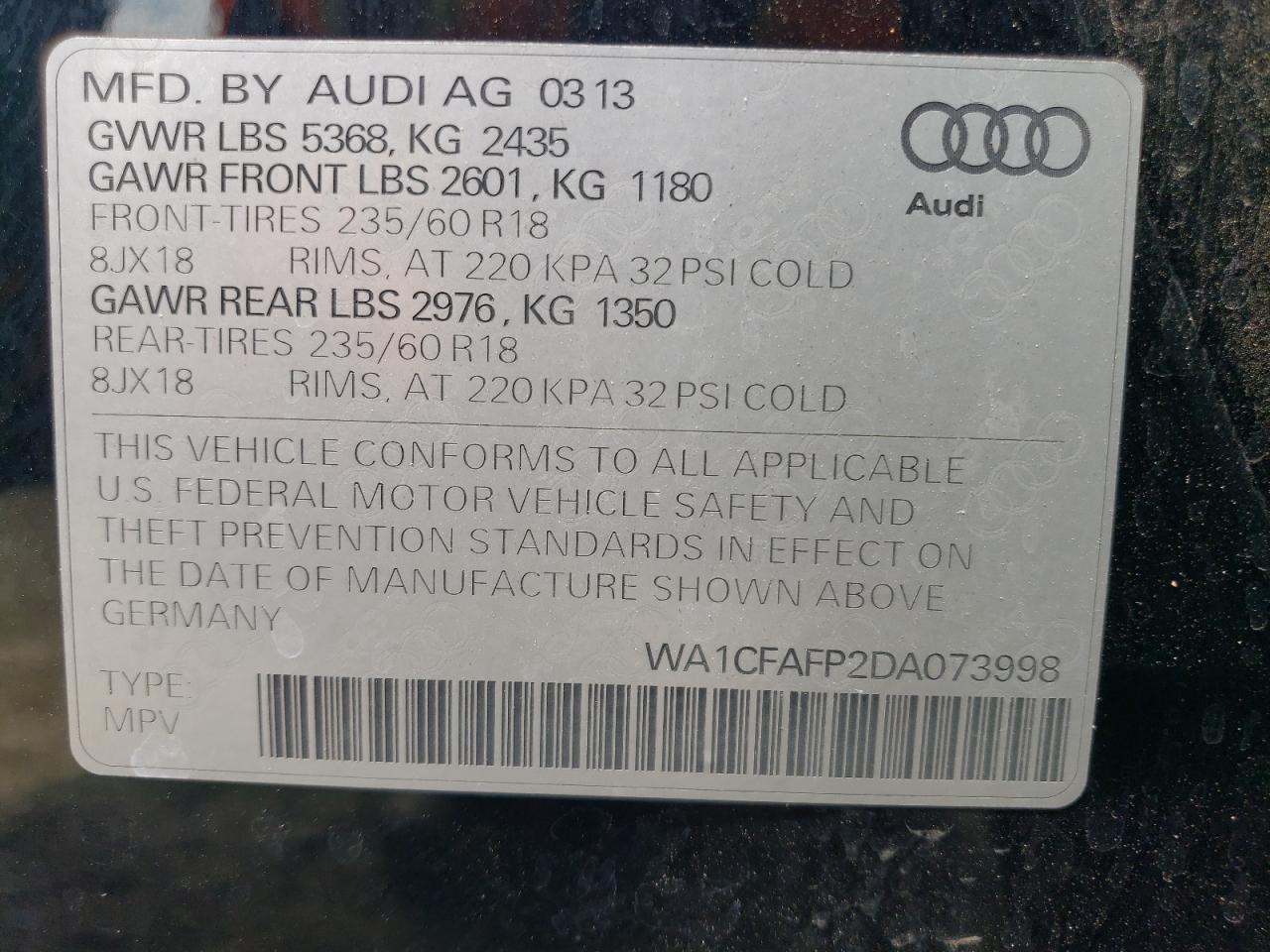 2013 Audi Q5 Premium VIN: WA1CFAFP2DA073998 Lot: 62502324