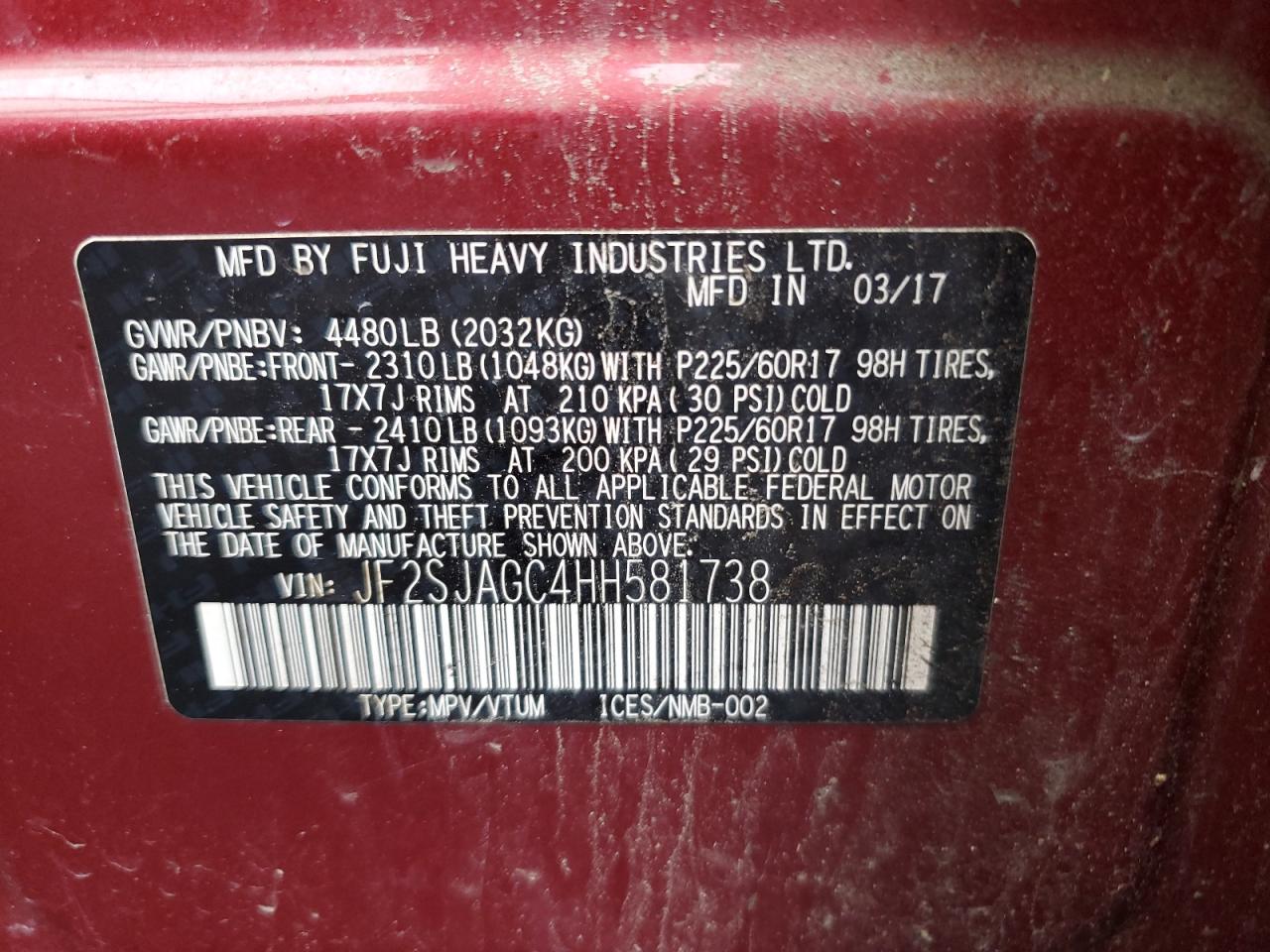 2017 Subaru Forester 2.5I Premium VIN: JF2SJAGC4HH581738 Lot: 63866864