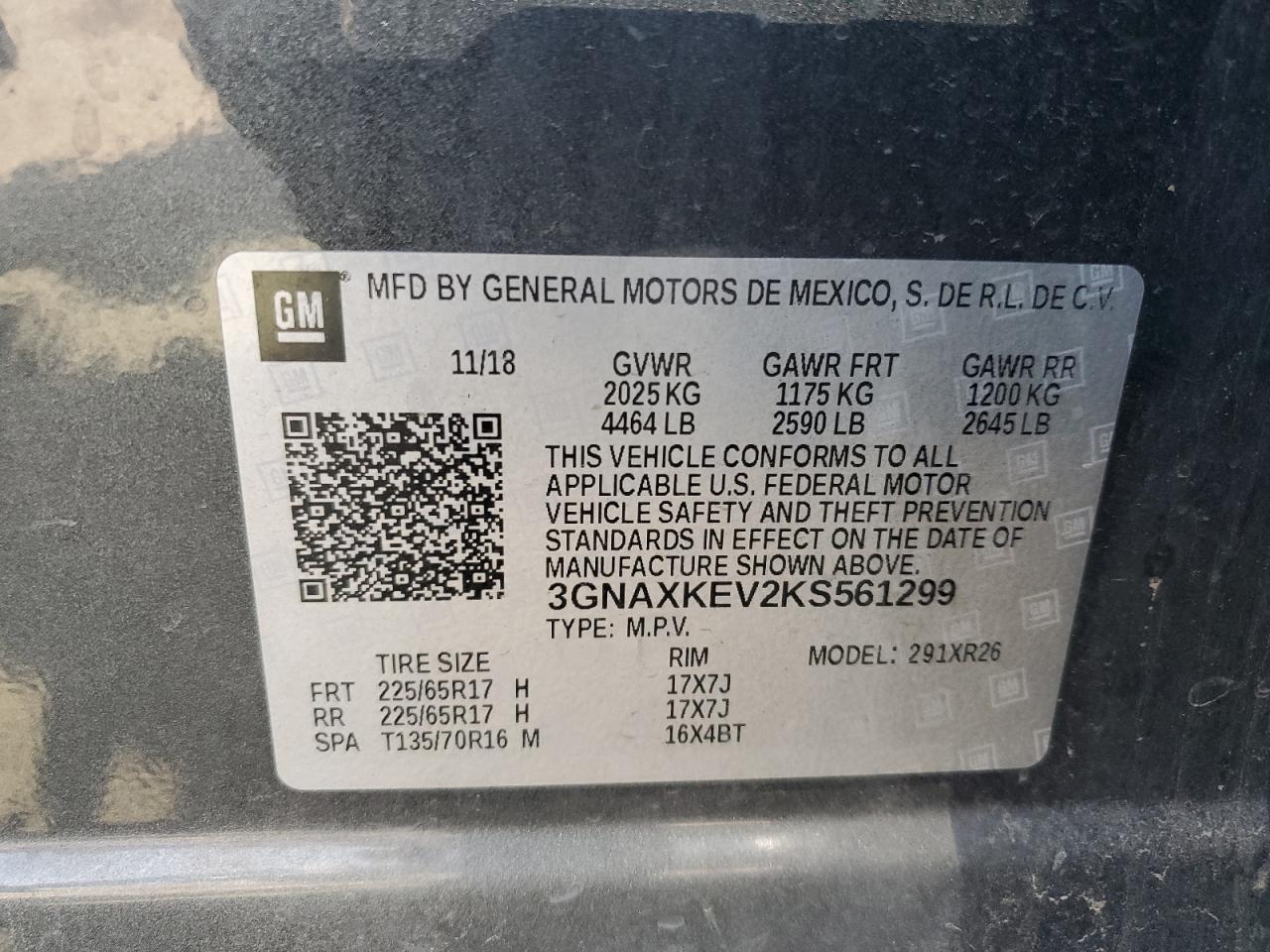 2019 Chevrolet Equinox Lt VIN: 3GNAXKEV2KS561299 Lot: 62806144