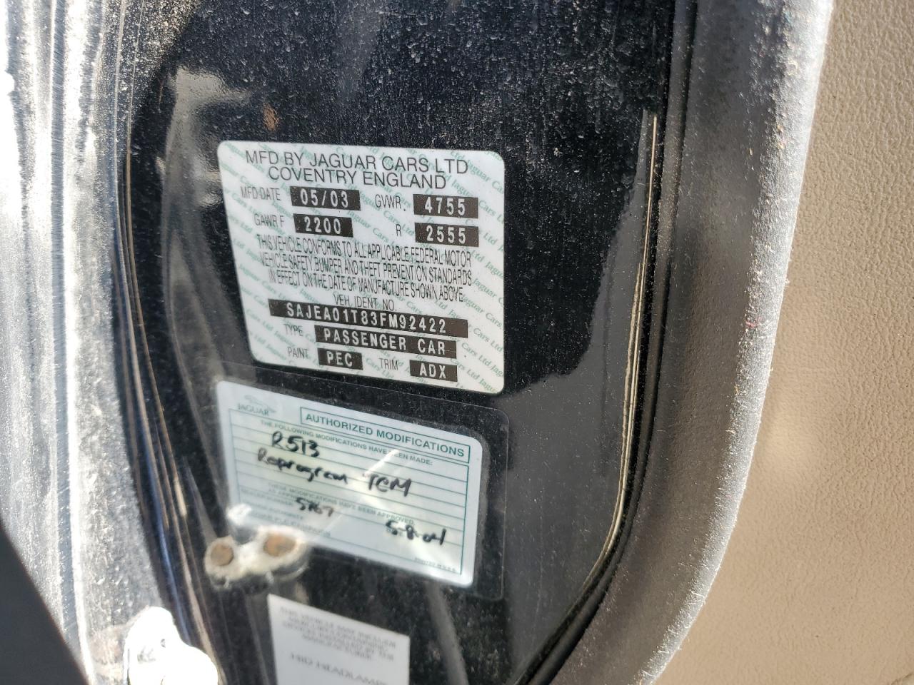 2003 Jaguar S-Type VIN: SAJEA01T83FM92422 Lot: 61412084