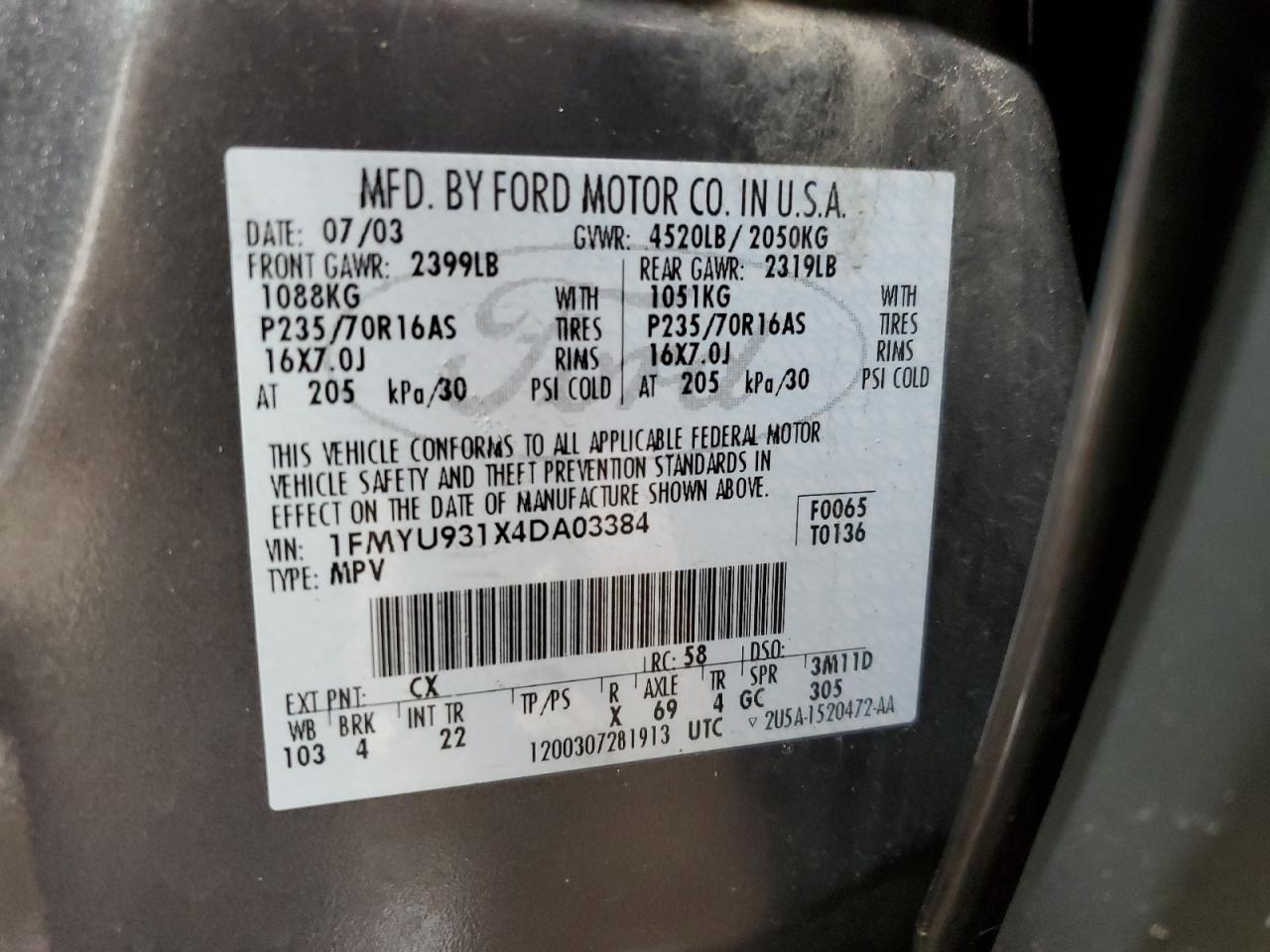 2004 Ford Escape Xlt VIN: 1FMYU931X4DA03384 Lot: 64478254