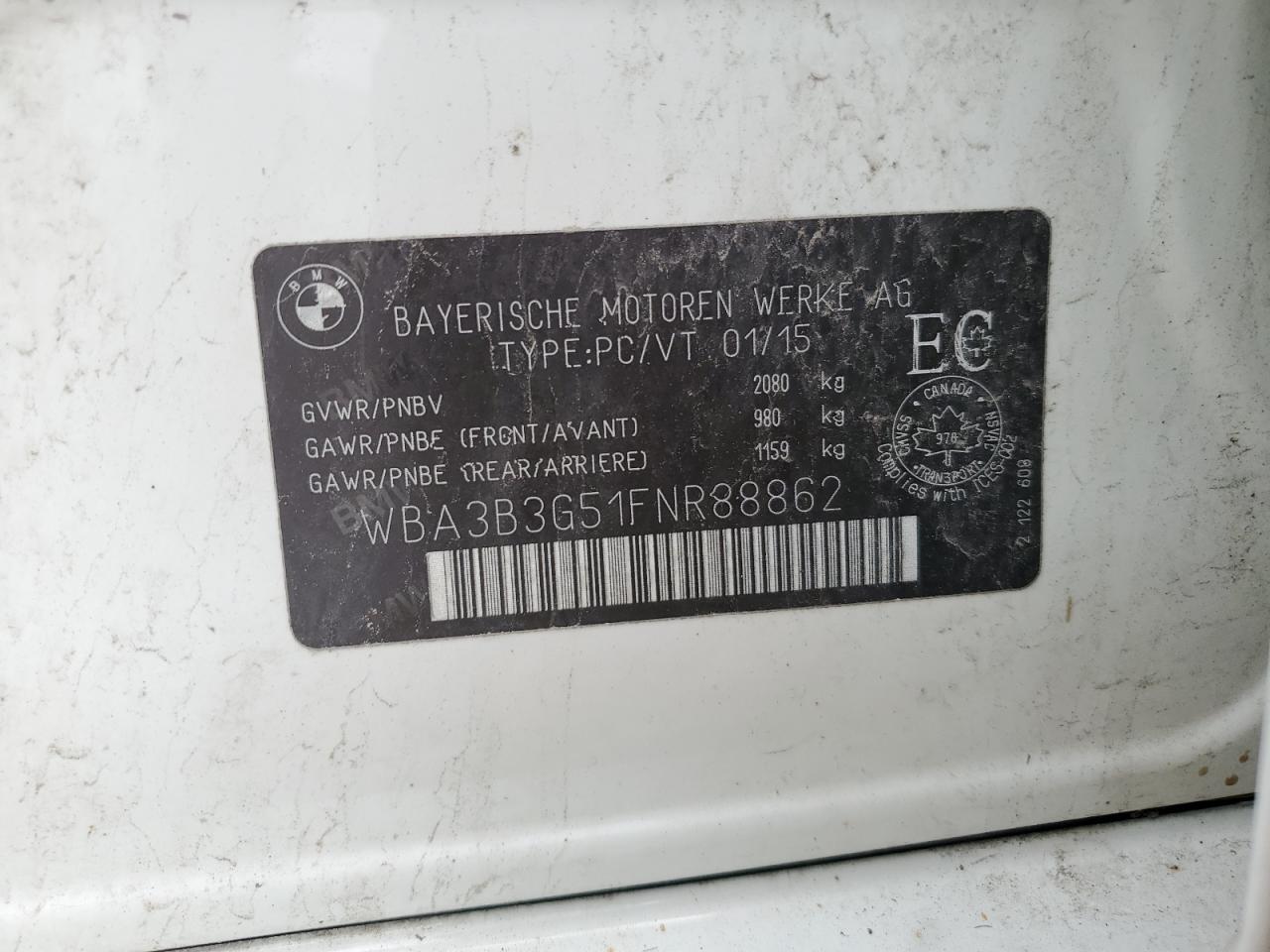 2015 BMW 328 Xi VIN: WBA3B3G51FNR88862 Lot: 61896734
