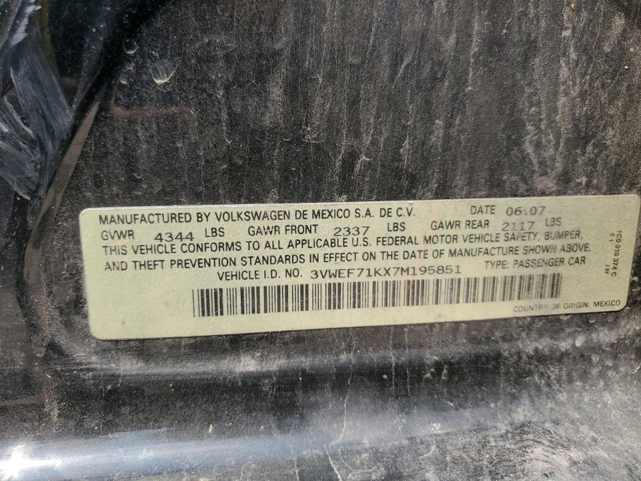 2007 Volkswagen Jetta Wolfsburg VIN: 3VWEF71KX7M195851 Lot: 63877174