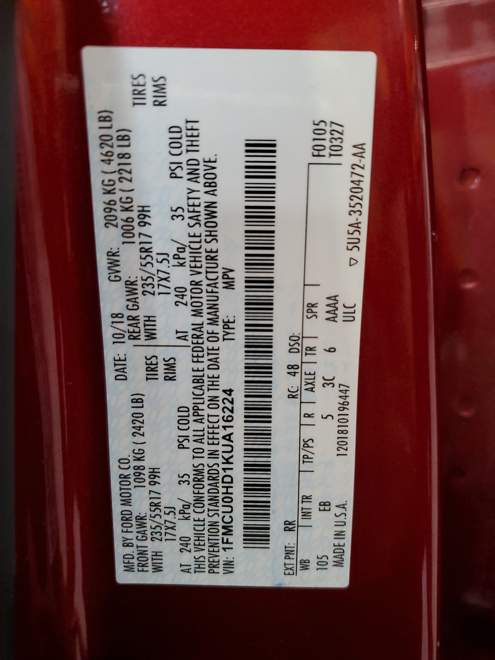 1FMCU0HD1KUA16224 2019 Ford Escape Sel