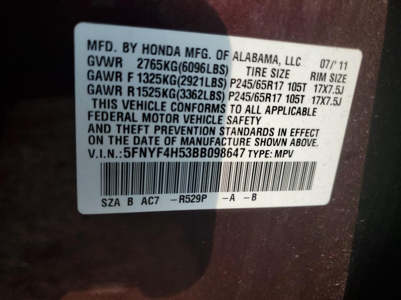 2011 Honda Pilot Exl VIN: 5FNYF4H53BB098647 Lot: 61847754