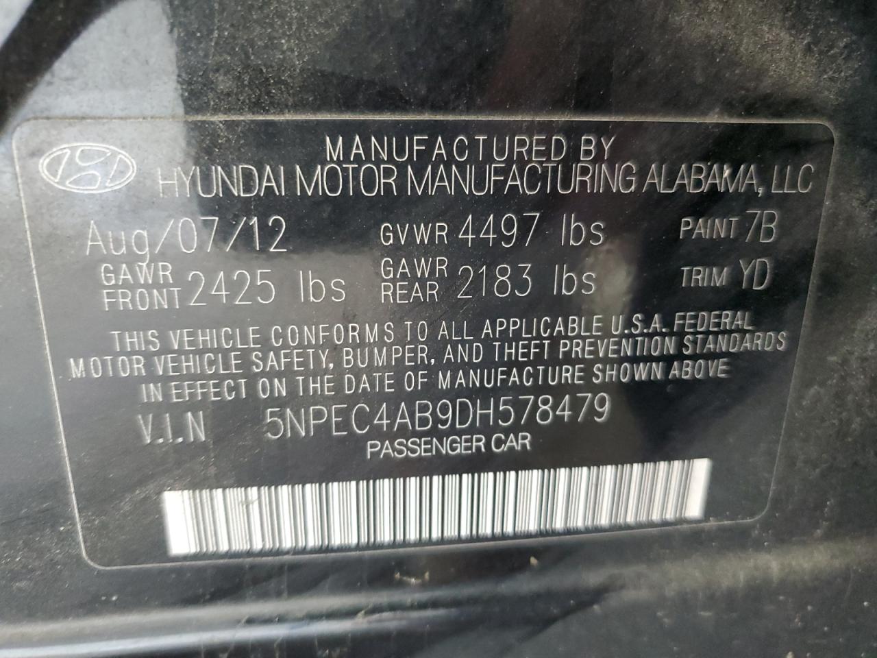 2013 Hyundai Sonata Se VIN: 5NPEC4AB9DH578479 Lot: 64904804