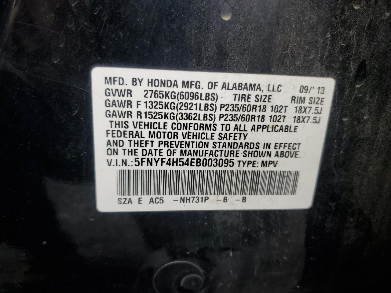 2014 Honda Pilot Exl VIN: 5FNYF4H54EB003095 Lot: 64958204