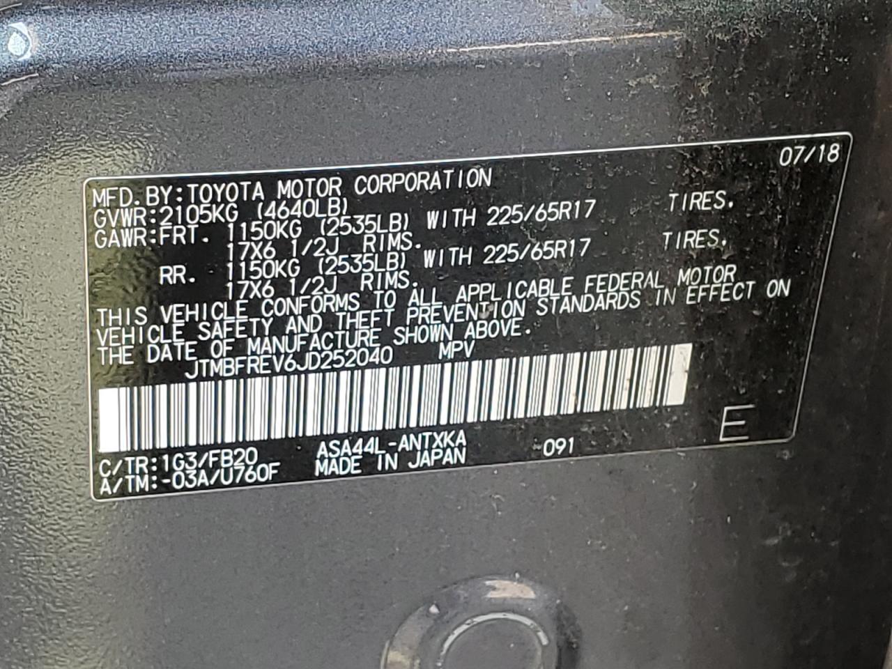 2018 Toyota Rav4 Le VIN: JTMBFREV6JD252040 Lot: 64051464