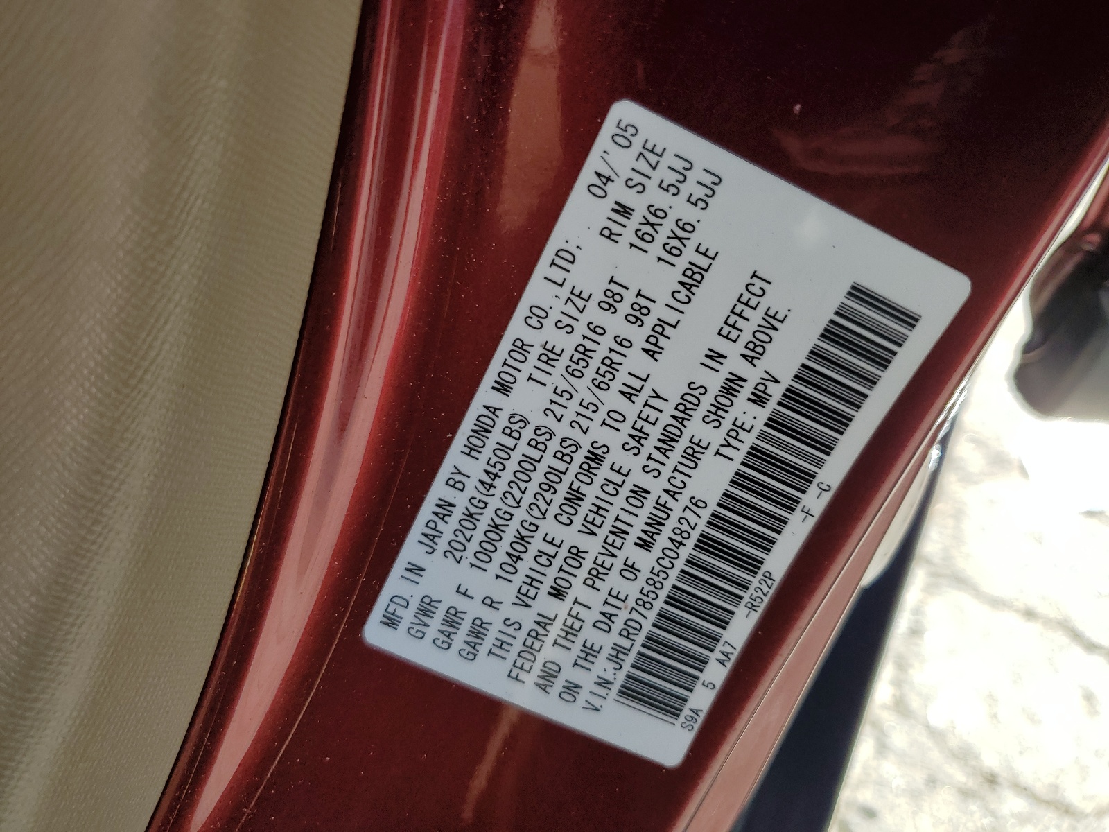 JHLRD78585C048276 2005 Honda Cr-V Lx