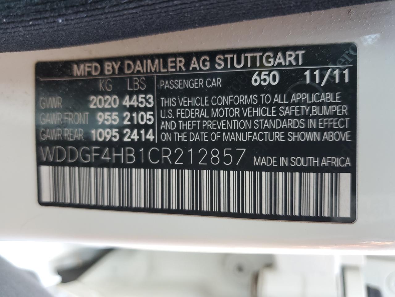 2012 Mercedes-Benz C 250 VIN: WDDGF4HB1CR212857 Lot: 64619604