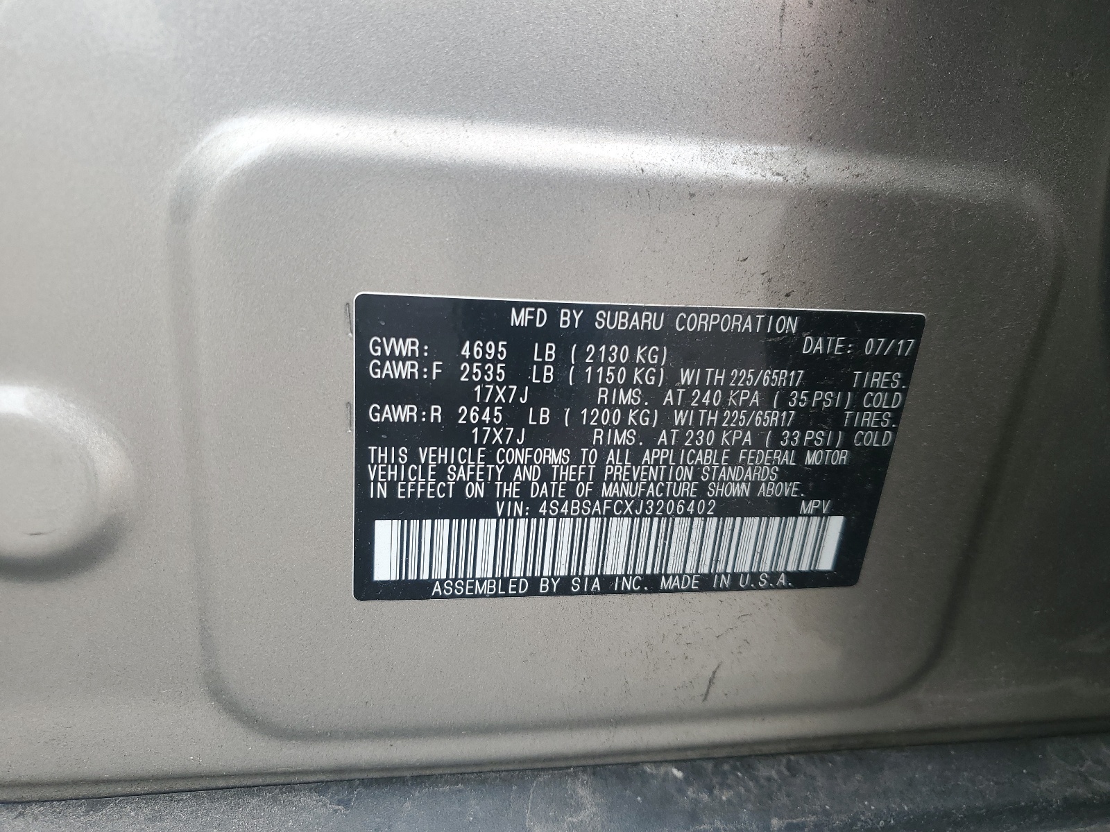 4S4BSAFCXJ3206402 2018 Subaru Outback 2.5I Premium