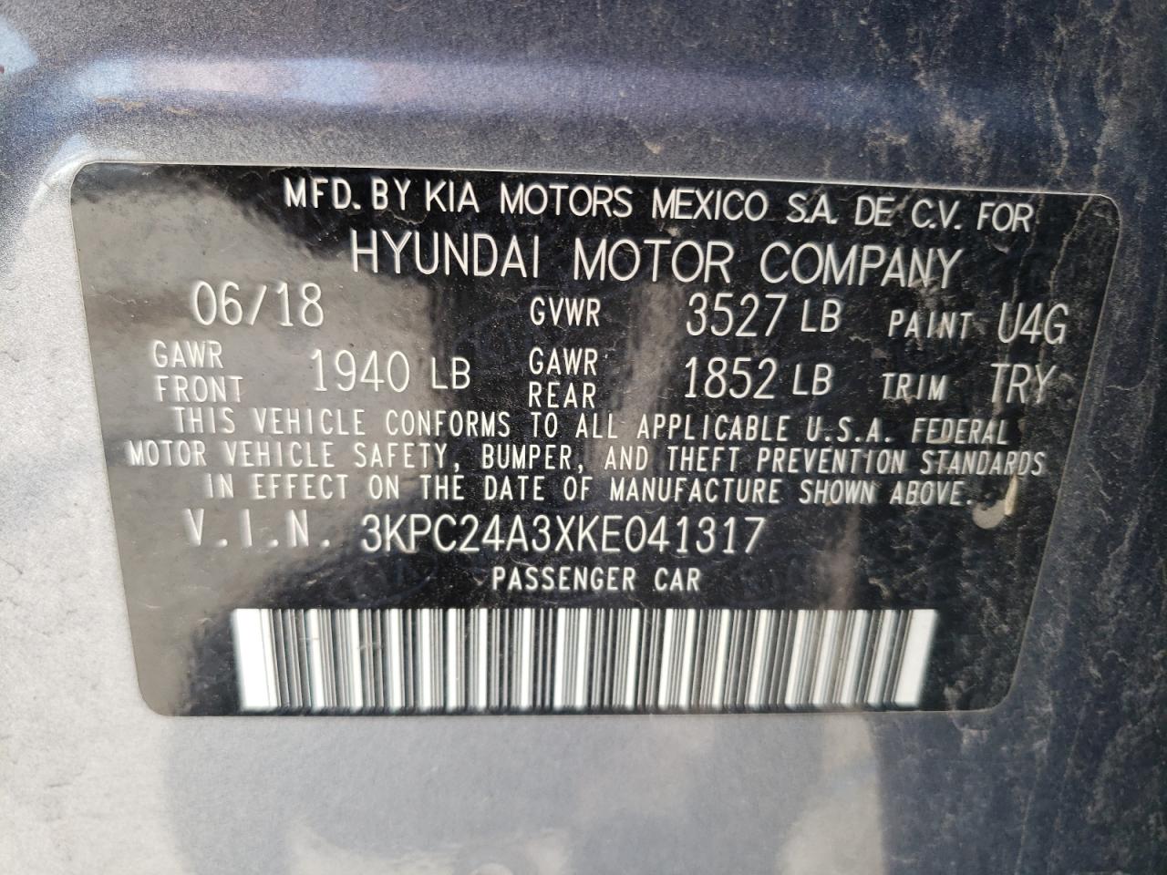 3KPC24A3XKE041317 2019 Hyundai Accent Se