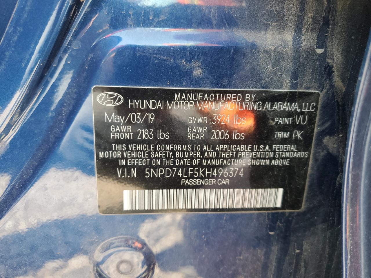 5NPD74LF5KH496374 2019 Hyundai Elantra Se