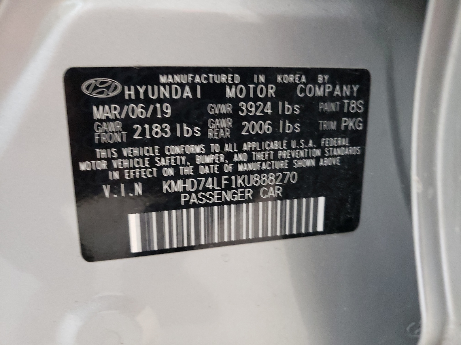 KMHD74LF1KU888270 2019 Hyundai Elantra Se